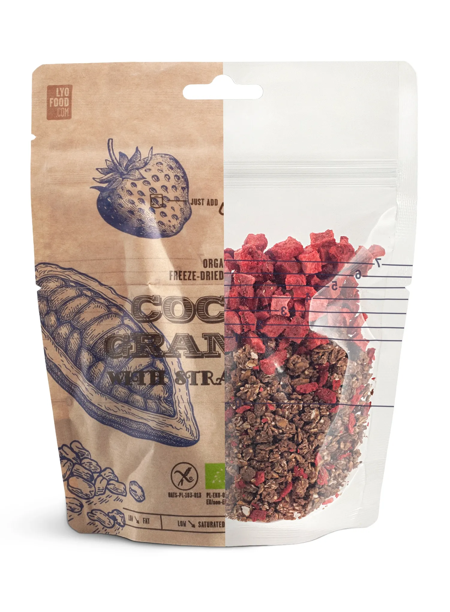 Lyofilizát LYOFOOD Bistro Kakaová eko granola s jahodami 270g