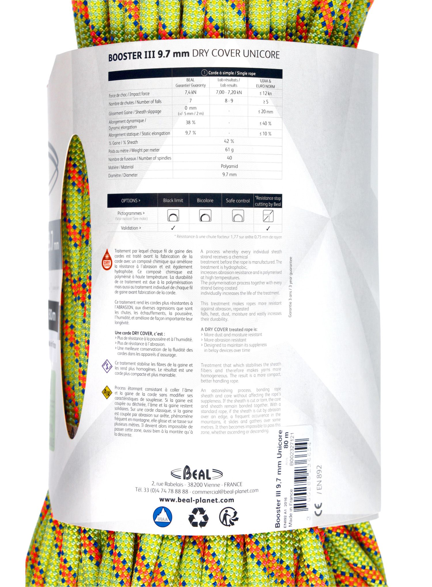 Dynamické lano Beal Booster III 9,7 mm 80 m Unicore Dry Cover - anis
