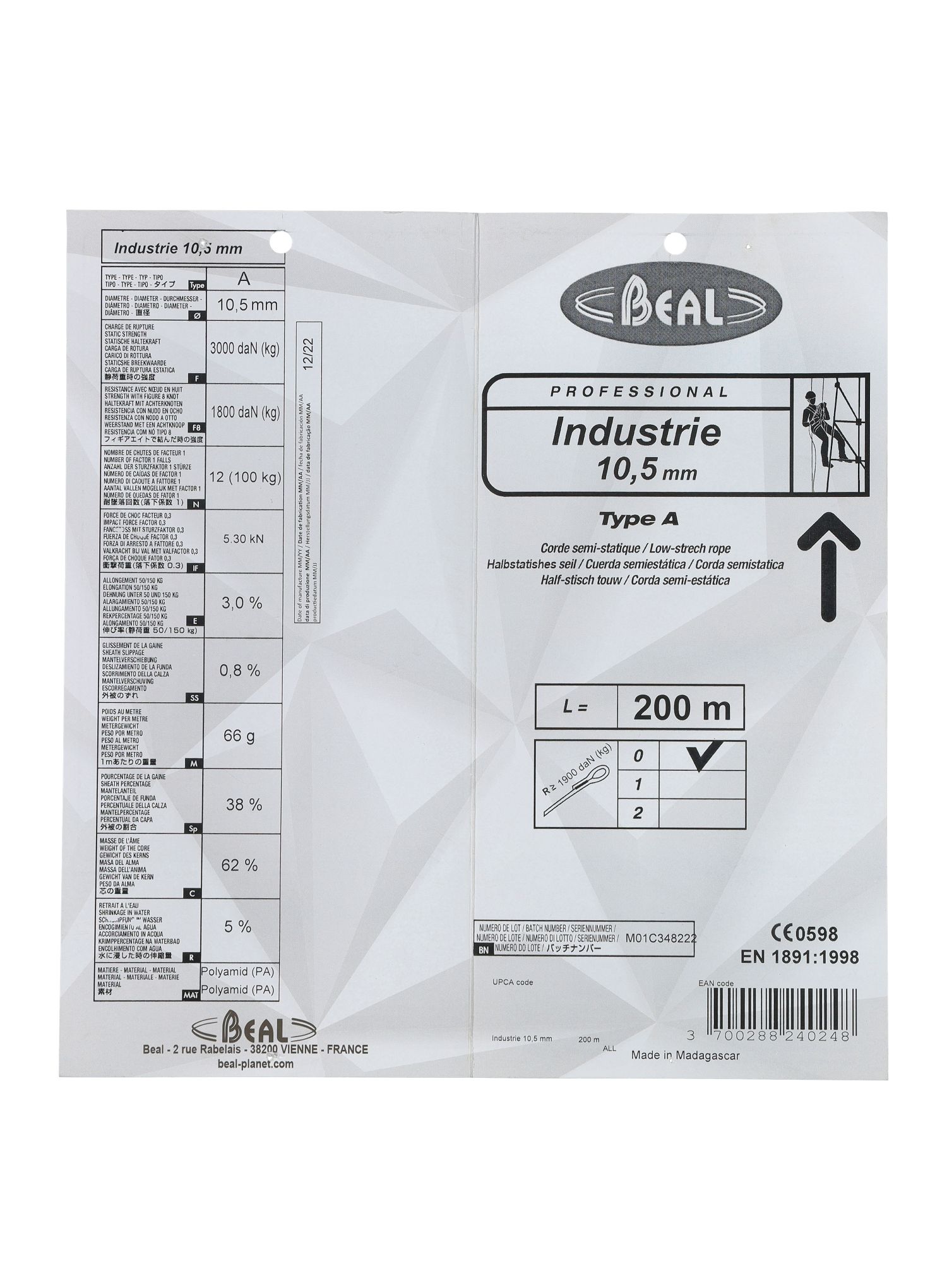 Polostatické lano Beal Industrie 10,5mm - white