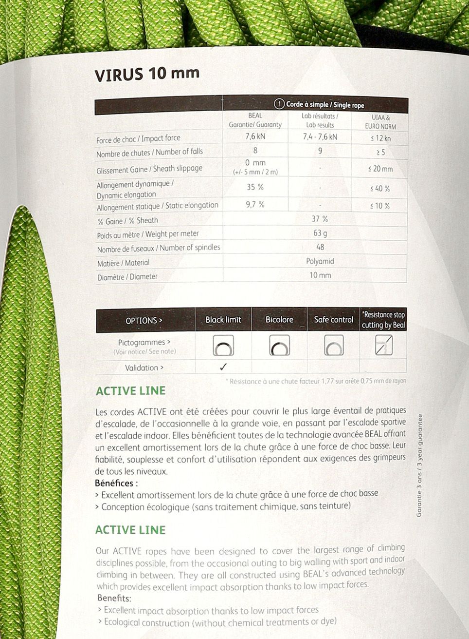 Dynamické lano 10 mm Beal Virus 60 m - solid green