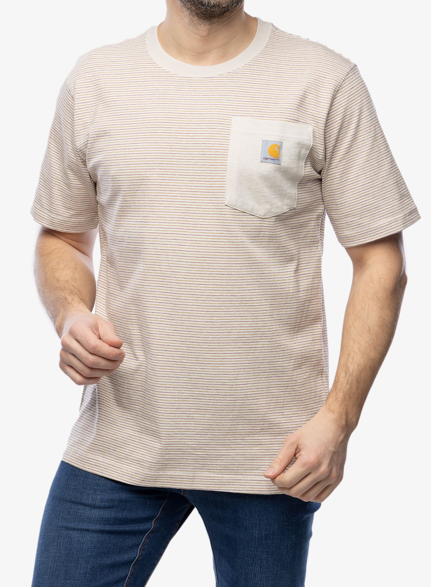Bavlněné tričko Cartartt Relaxed S/S Pocket Stripe T-Shirt - malt/butter stripe