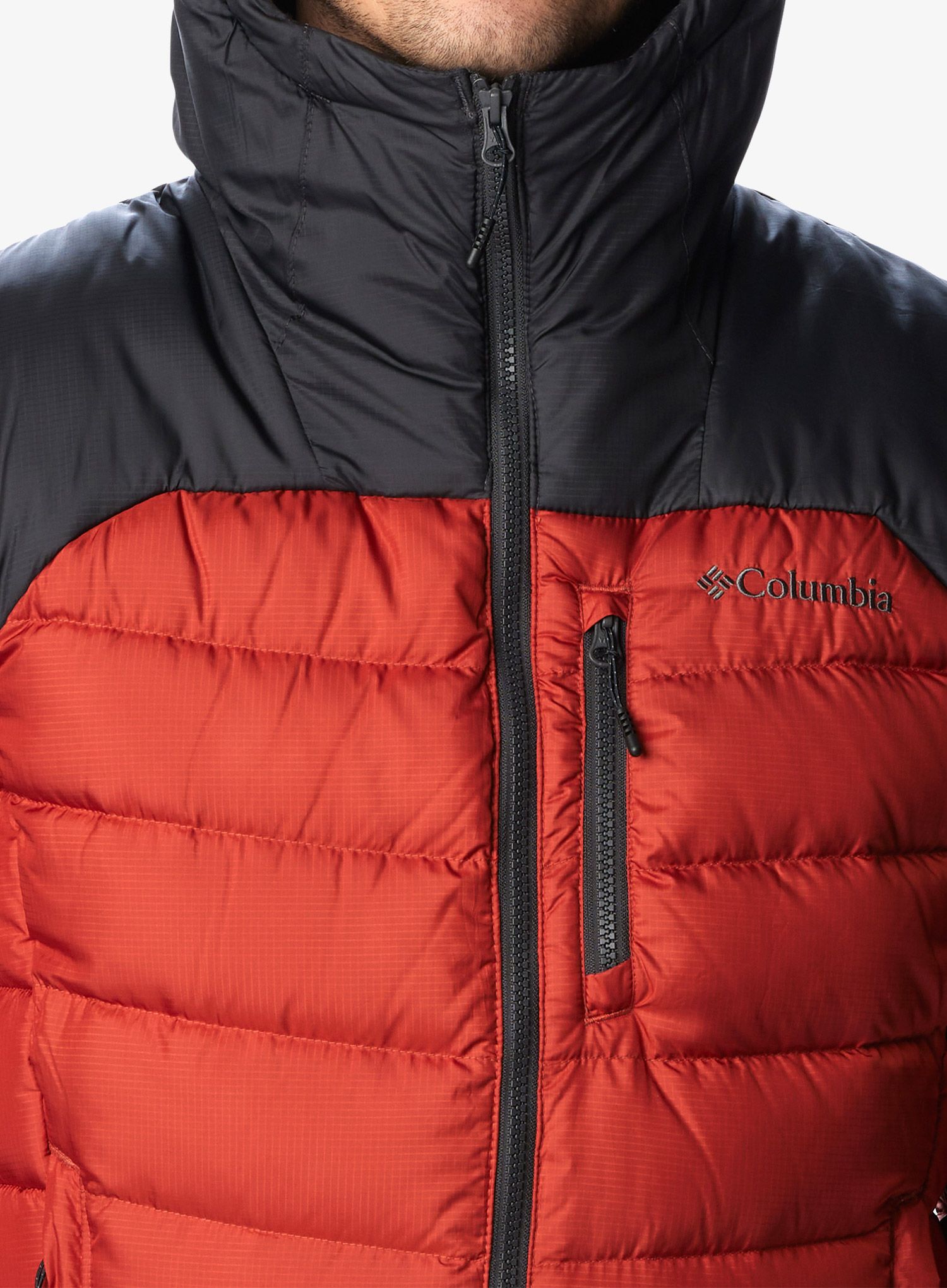 Péřová bunda pánská Columbia Autumn Park Down Hooded Jacket - warp red/shark