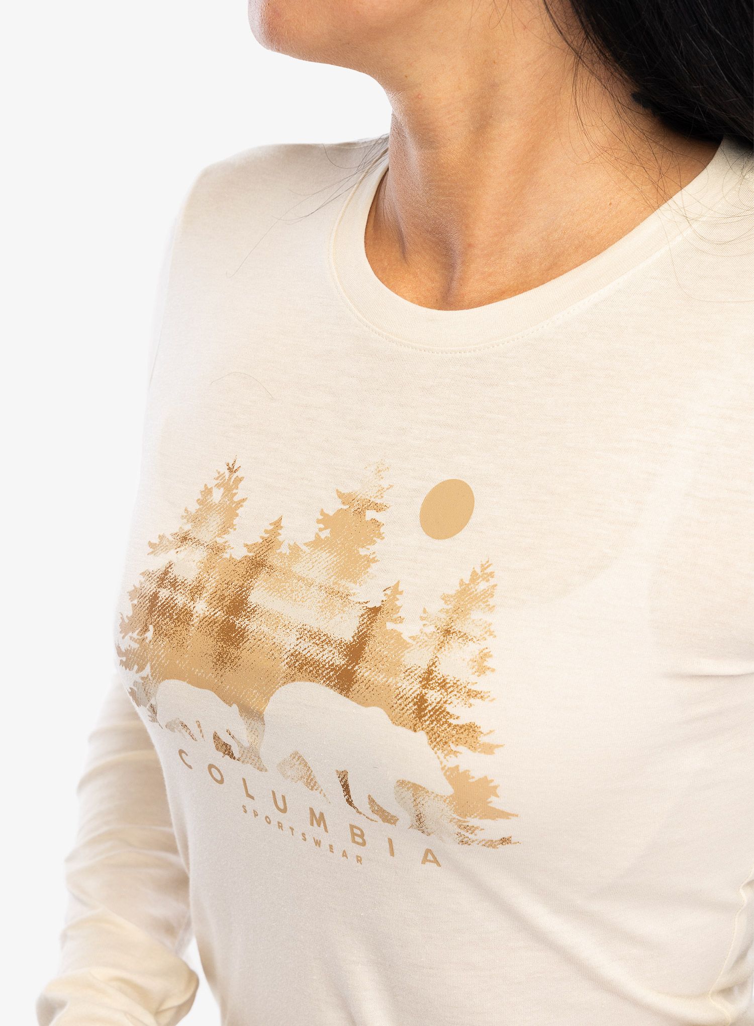 Dámská mikina bez kapuce Columbia Hidden Haven Long Sleeve Tee - chalk/treehome omblur