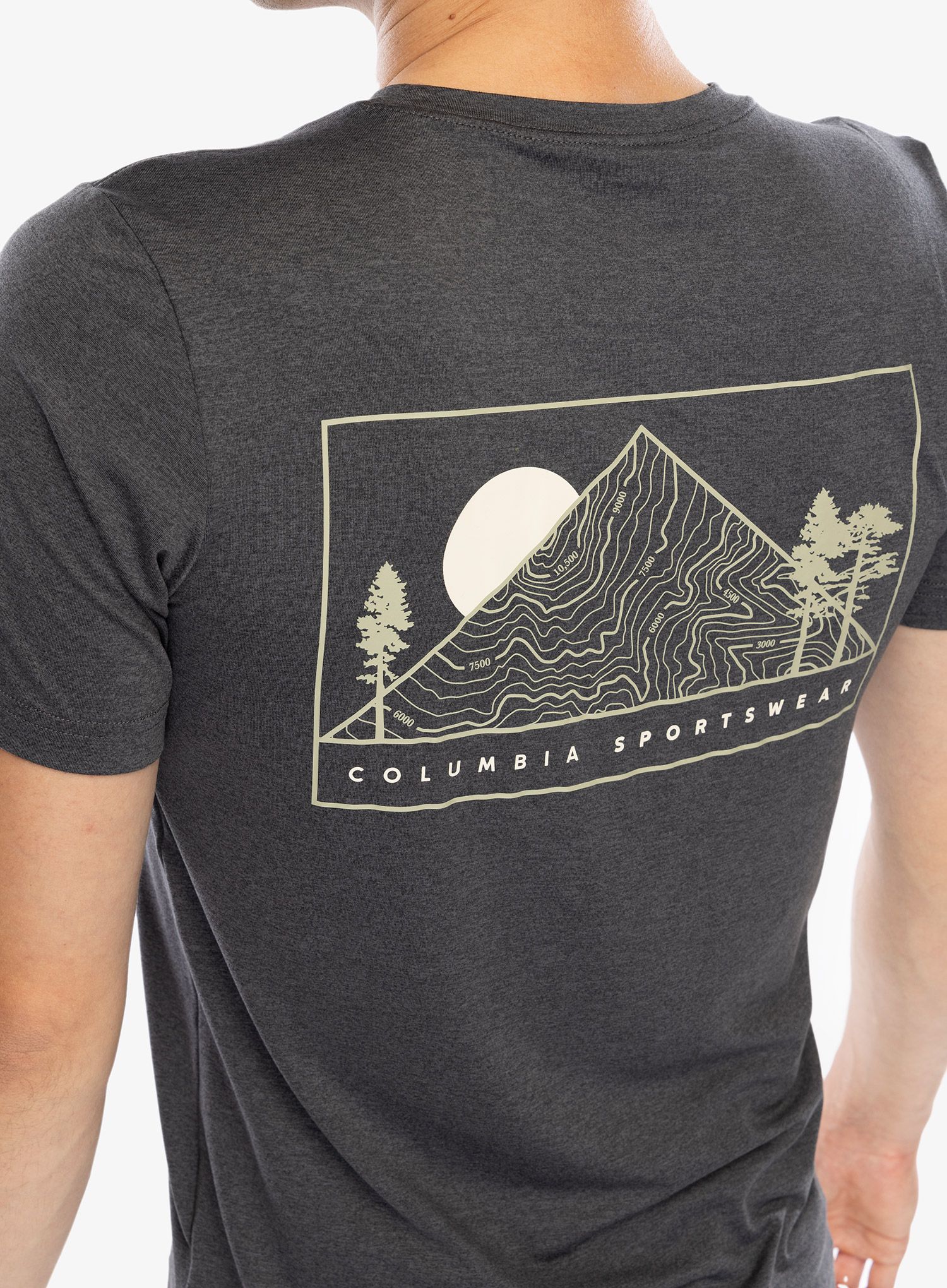 Tričko s potiskem Columbia Kwick Hike Back Graphic S/S Tee - black heather/peaked sunscape