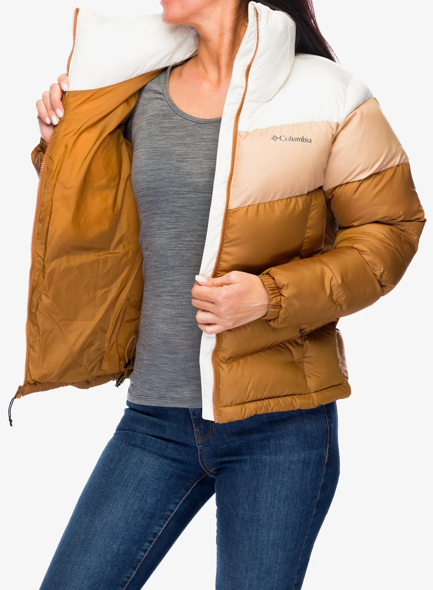Zateplená bunda dámská Columbia Puffect II Colorblock Jacket - camel brown/canoe/chalk
