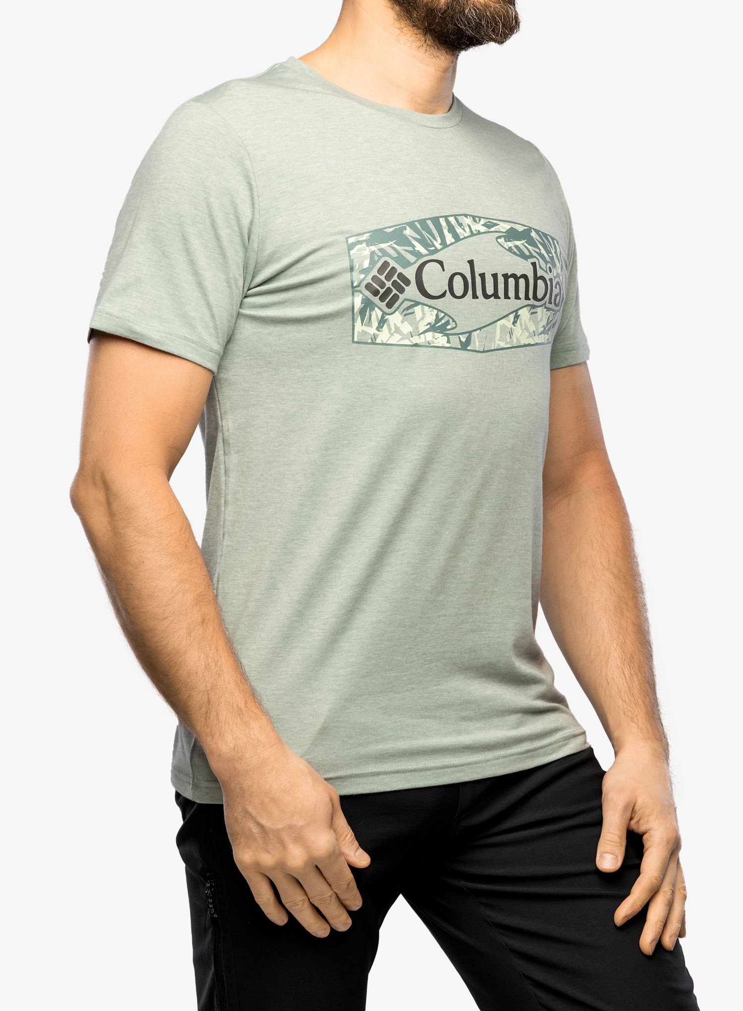 Tričko s potiskem Columbia Sun Trek S/S Graphic Tee - niagara htr/palmed hex graphic