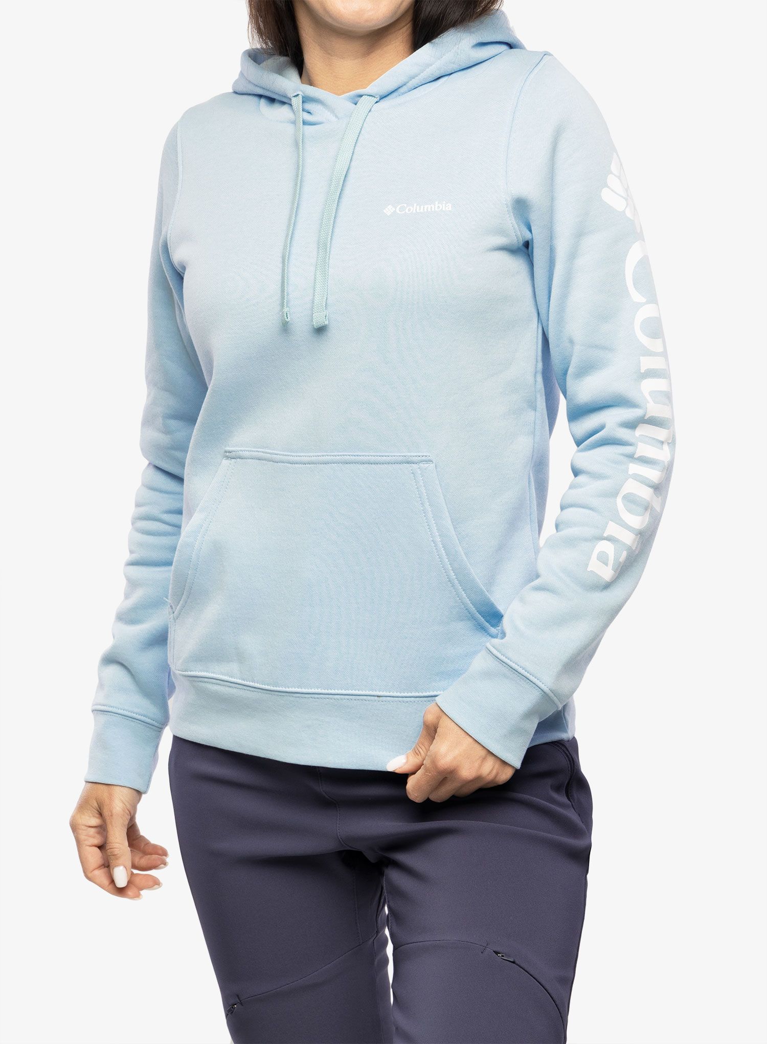Dámská mikina s kapucí Columbia Trek Graphic Hoodie - spring blue/white logo