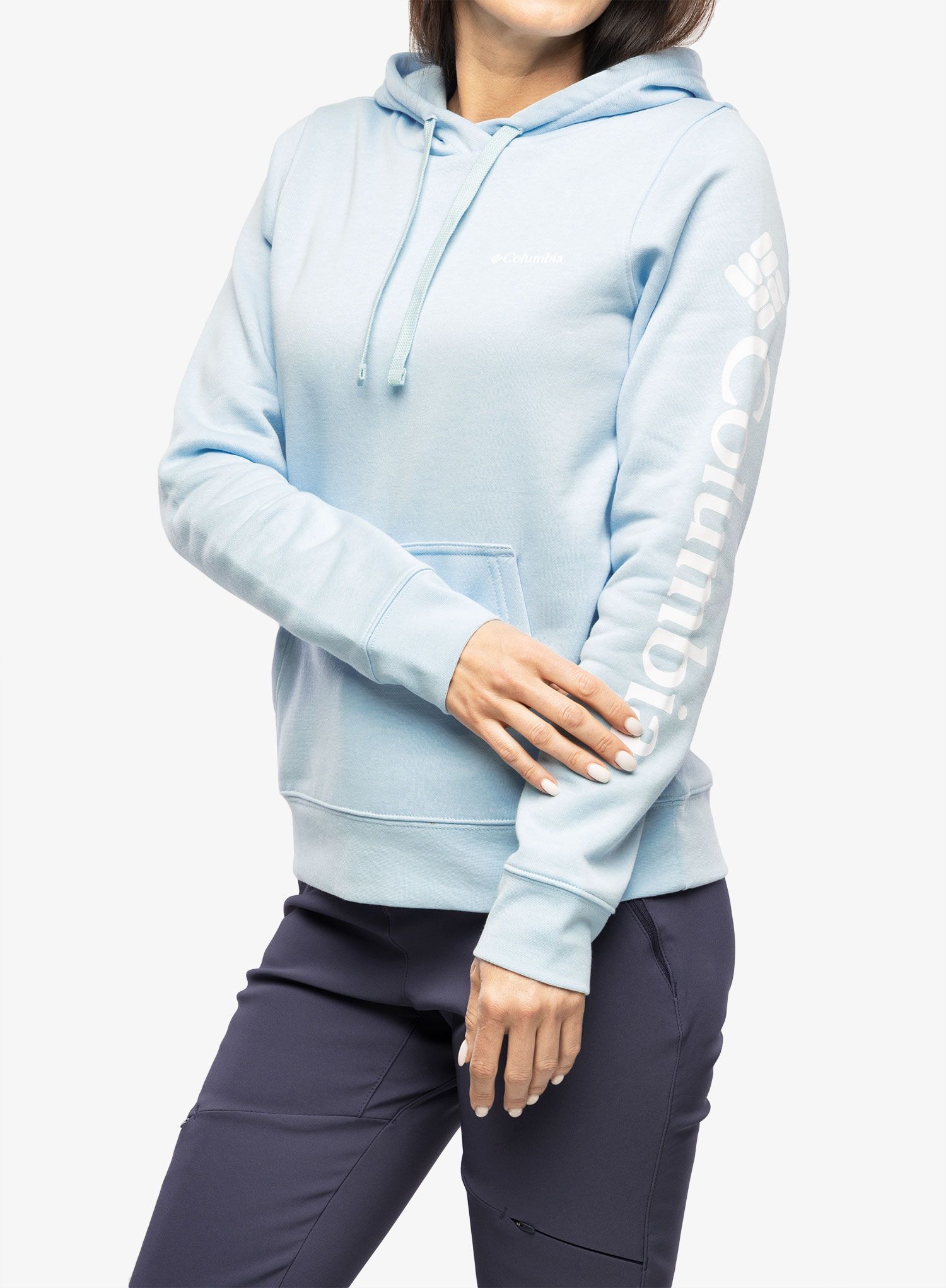 Dámská mikina s kapucí Columbia Trek Graphic Hoodie - spring blue/white logo