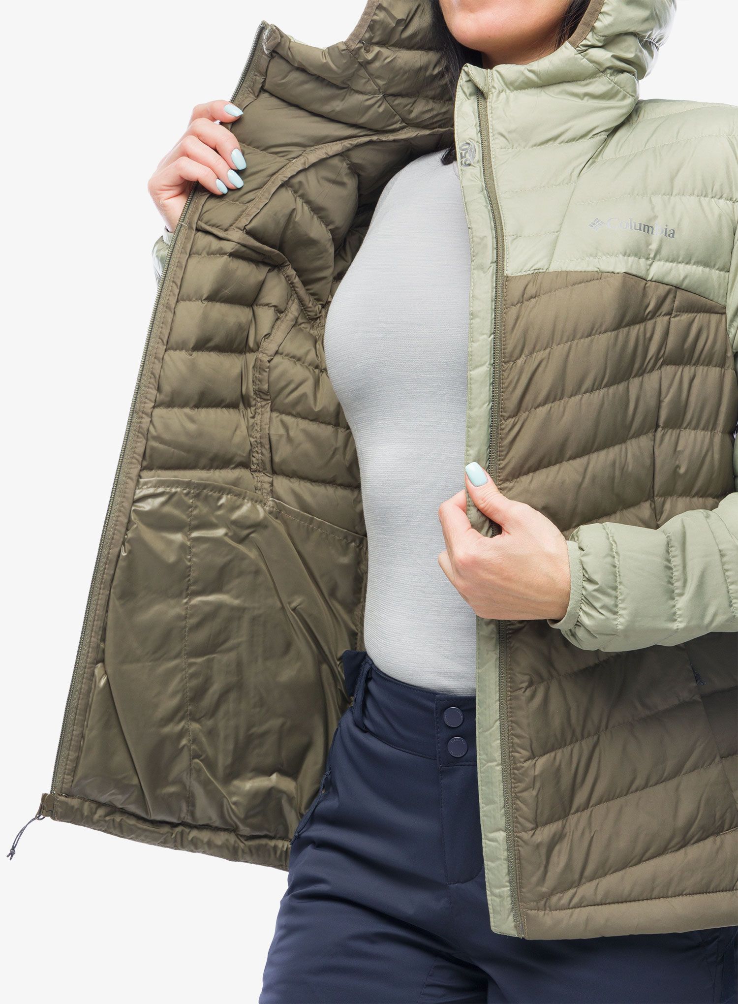 Dámská péřová bunda Columbia Westridge Hooded Down Jacket - safari/stone green
