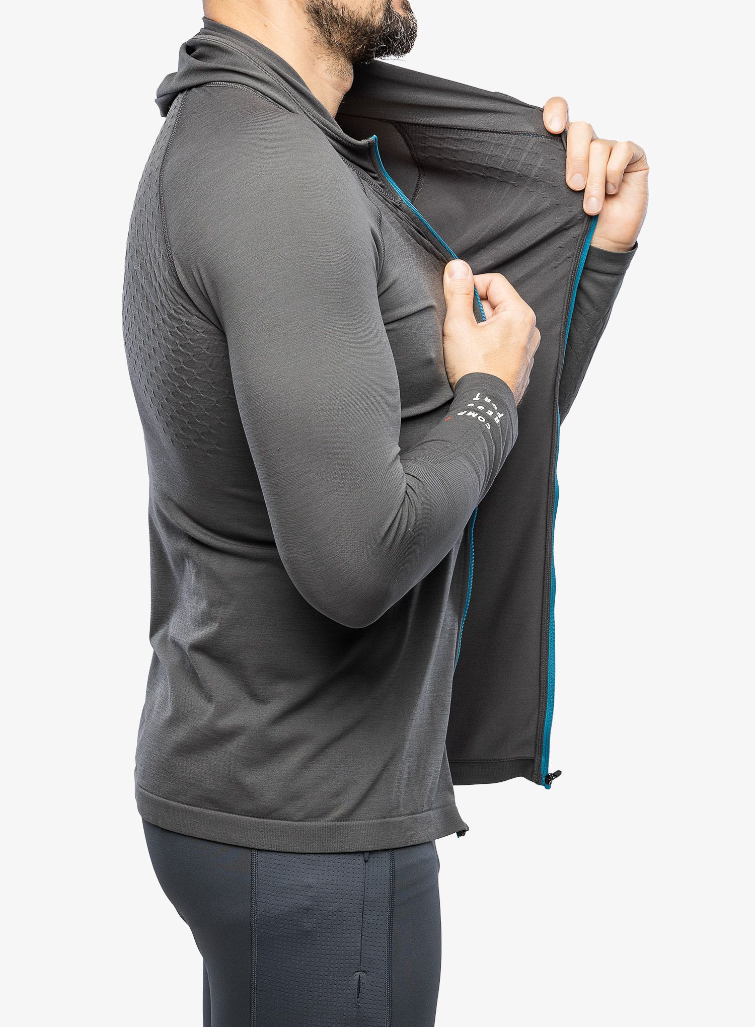Mikina s kapucí Compressport 3D Thermo Seamless Hoodie Zip - black/magnet mosaic blue