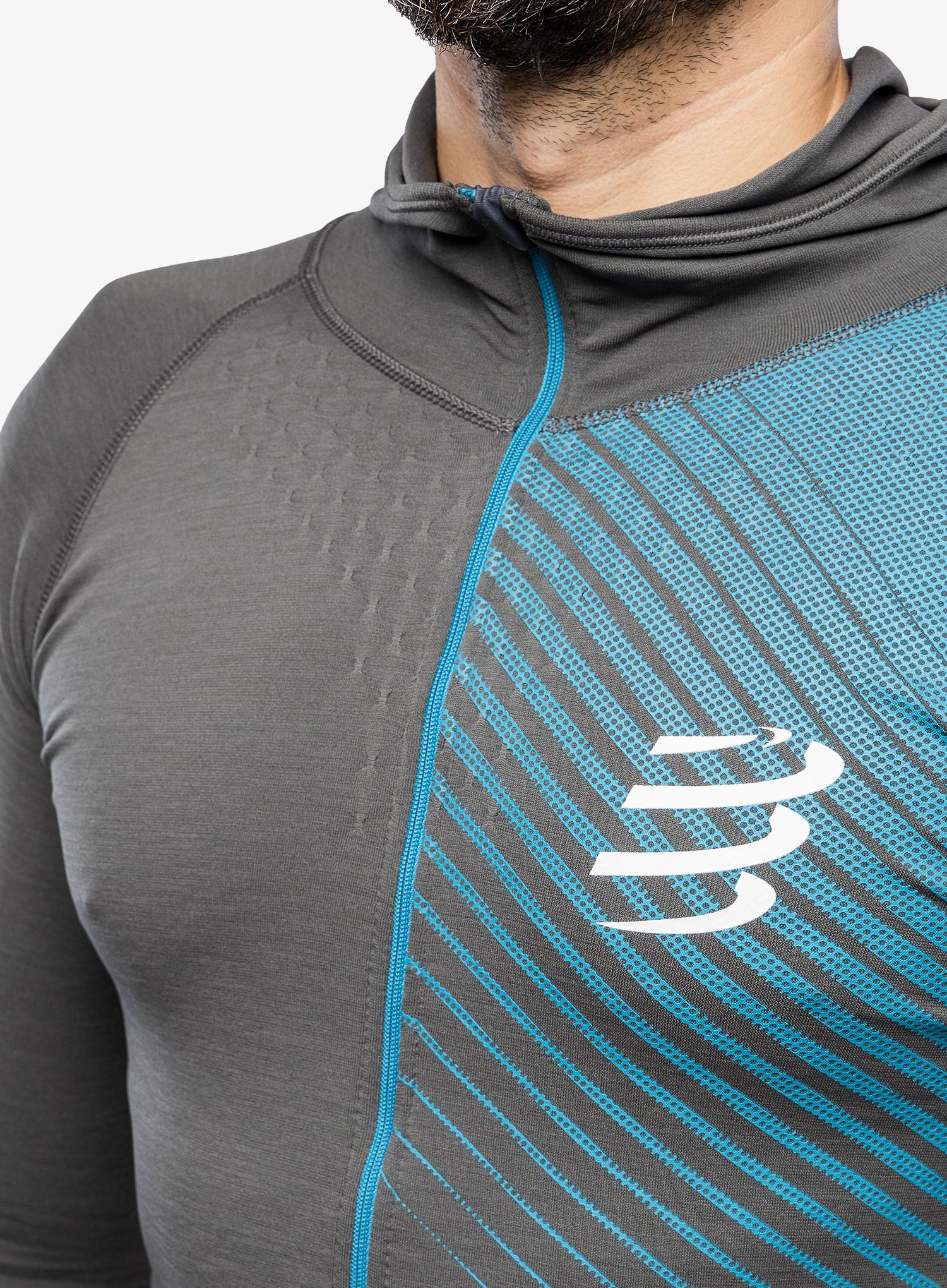 Mikina s kapucí Compressport 3D Thermo Seamless Hoodie Zip - black/magnet mosaic blue