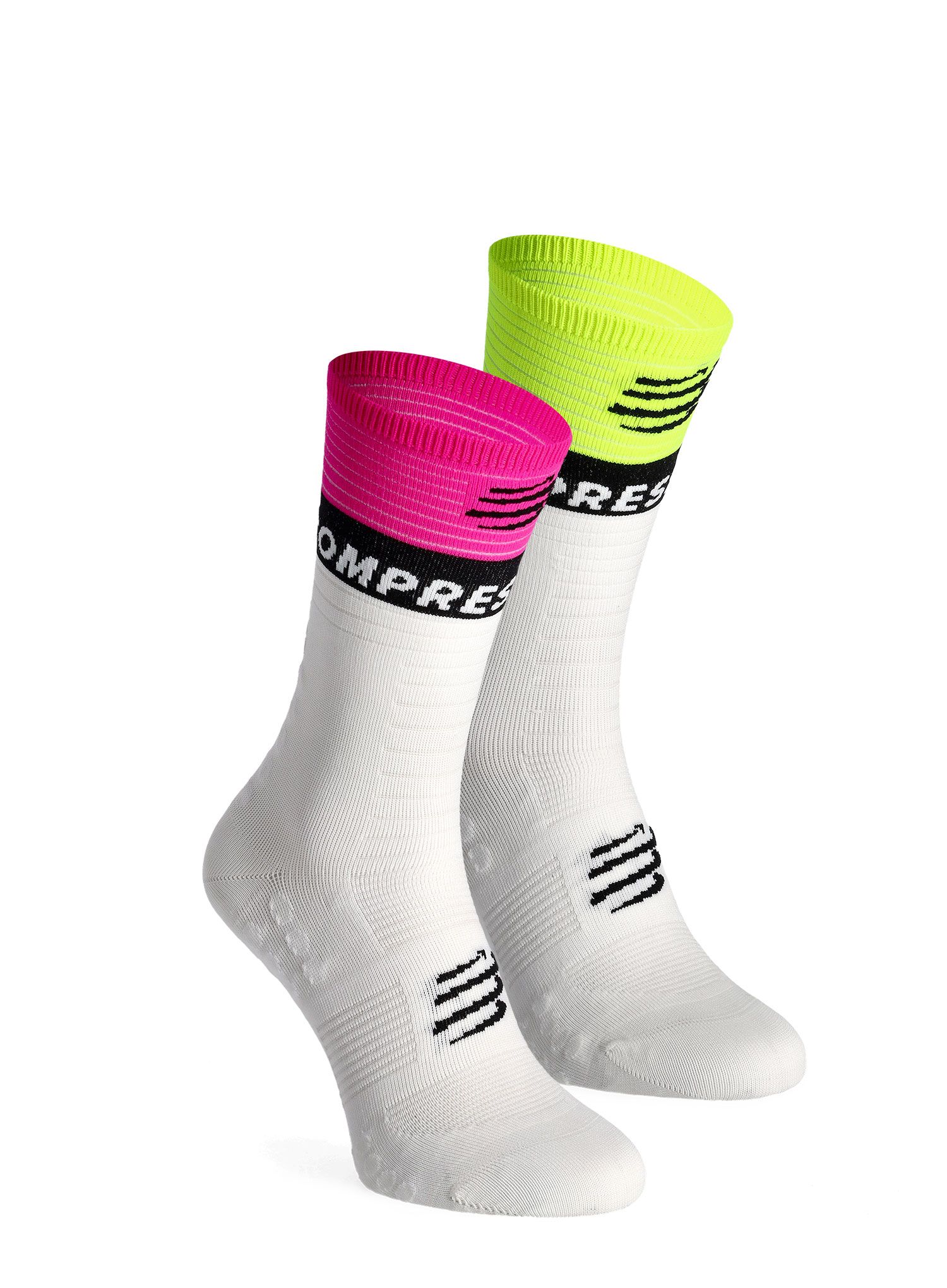 Běžecké ponožky Compressport Mid Compression Socks V2.0 - white/yellow/neo pink