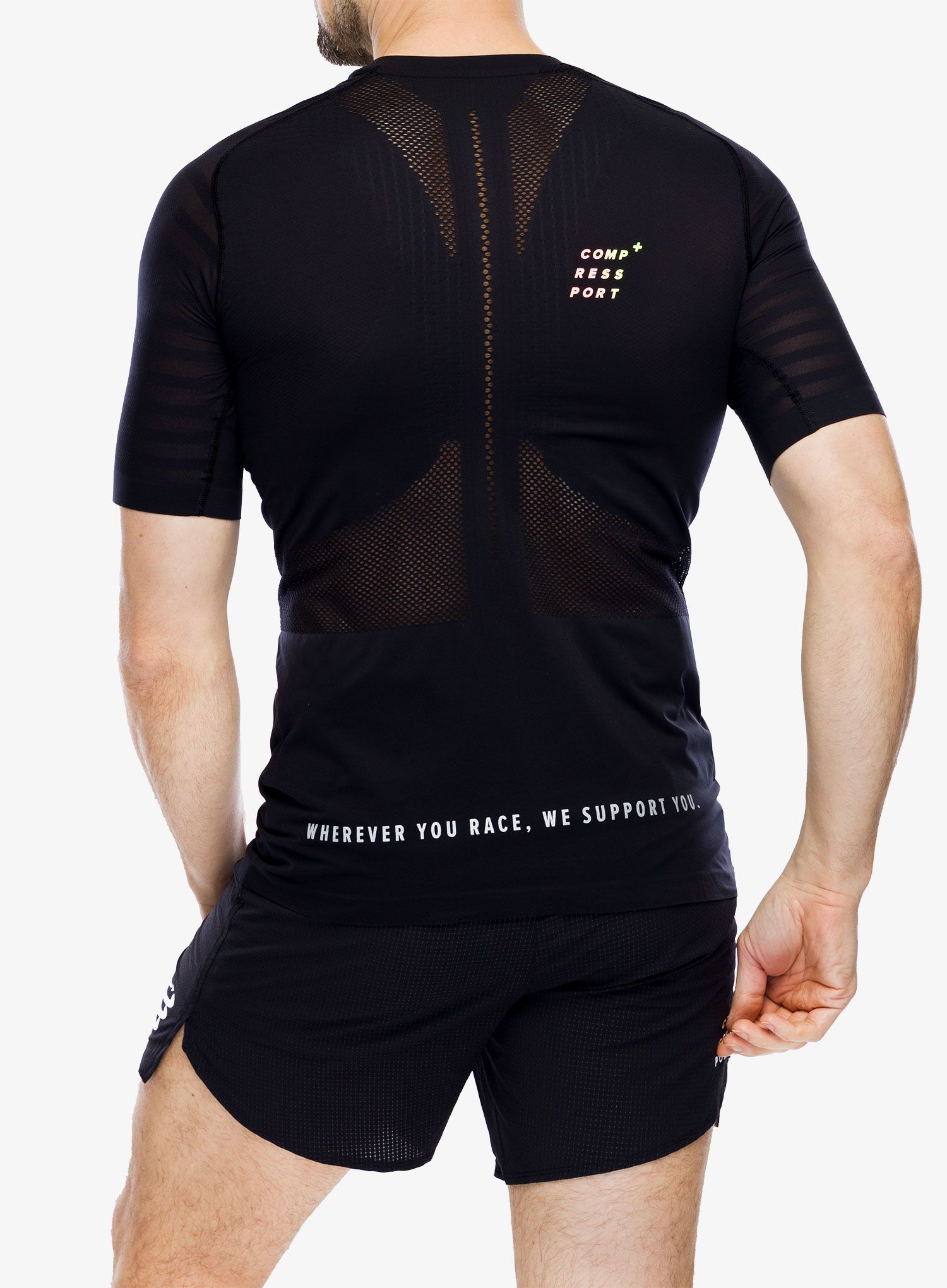 Běžecké triko Compressport Racing SS T-Shirt - black/safe yellow