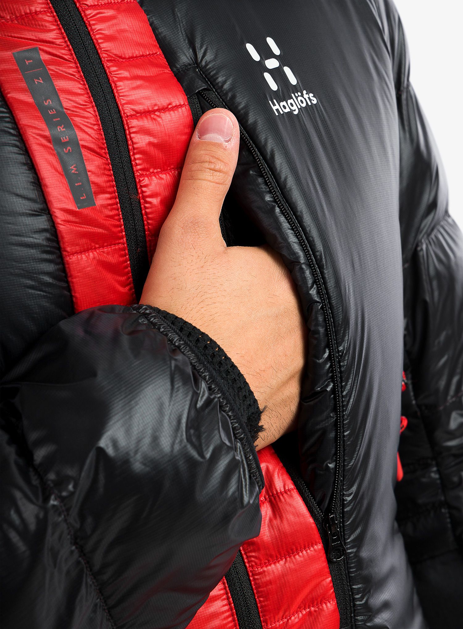 Péřová bunda Haglofs L.I.M ZT Down Jacket - true black/zenith red