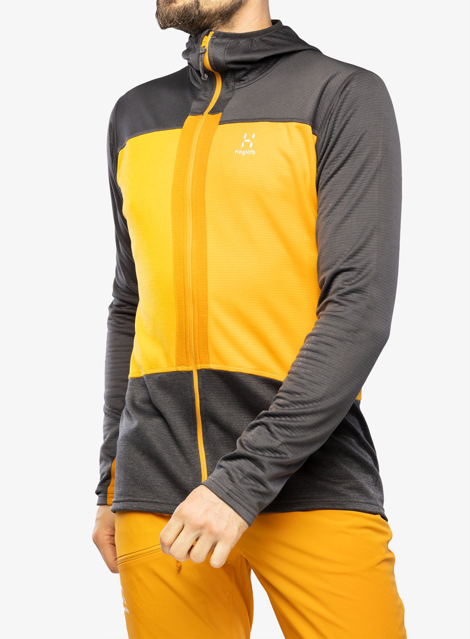 Mikina s kapucí Haglofs ROC Flash Mid Hood - magnetite/sunny yellow