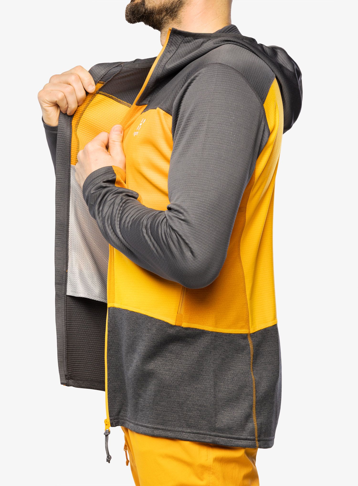 Mikina s kapucí Haglofs ROC Flash Mid Hood - magnetite/sunny yellow