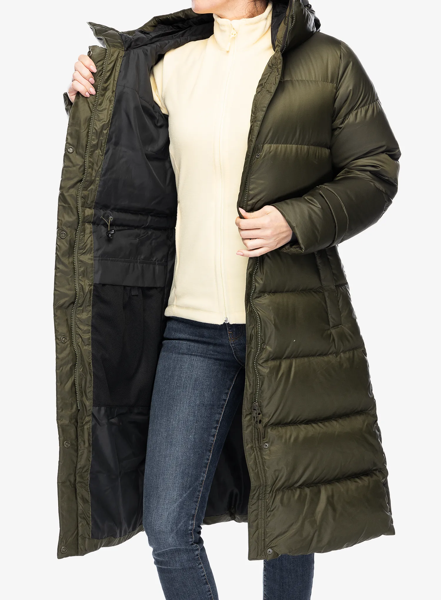 Dámský péřový kabát Helly Hansen Essence Long Down Coat - utility green/snow