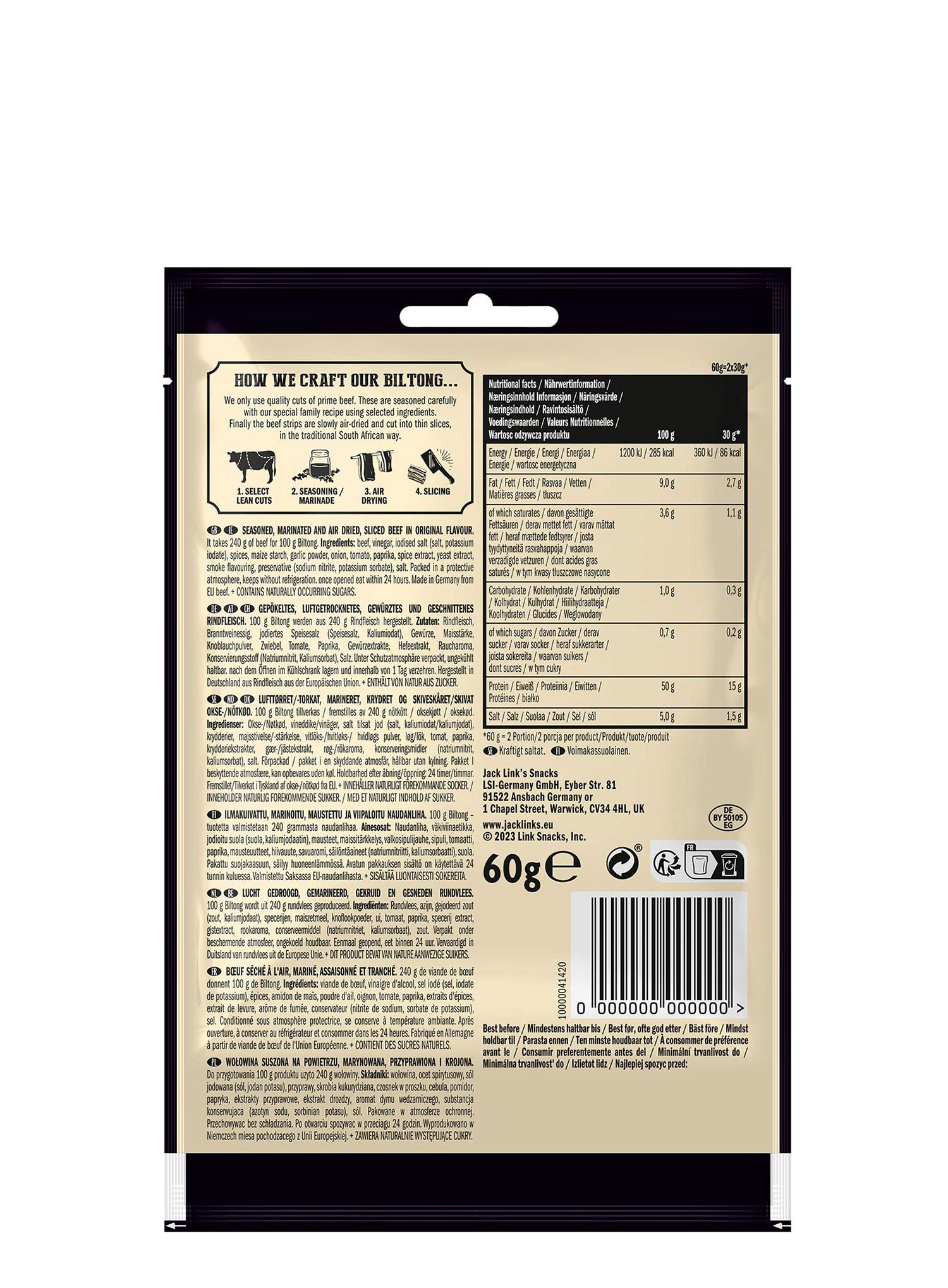 Sušené hovězí maso Jack Link's Biltong Original 60 g