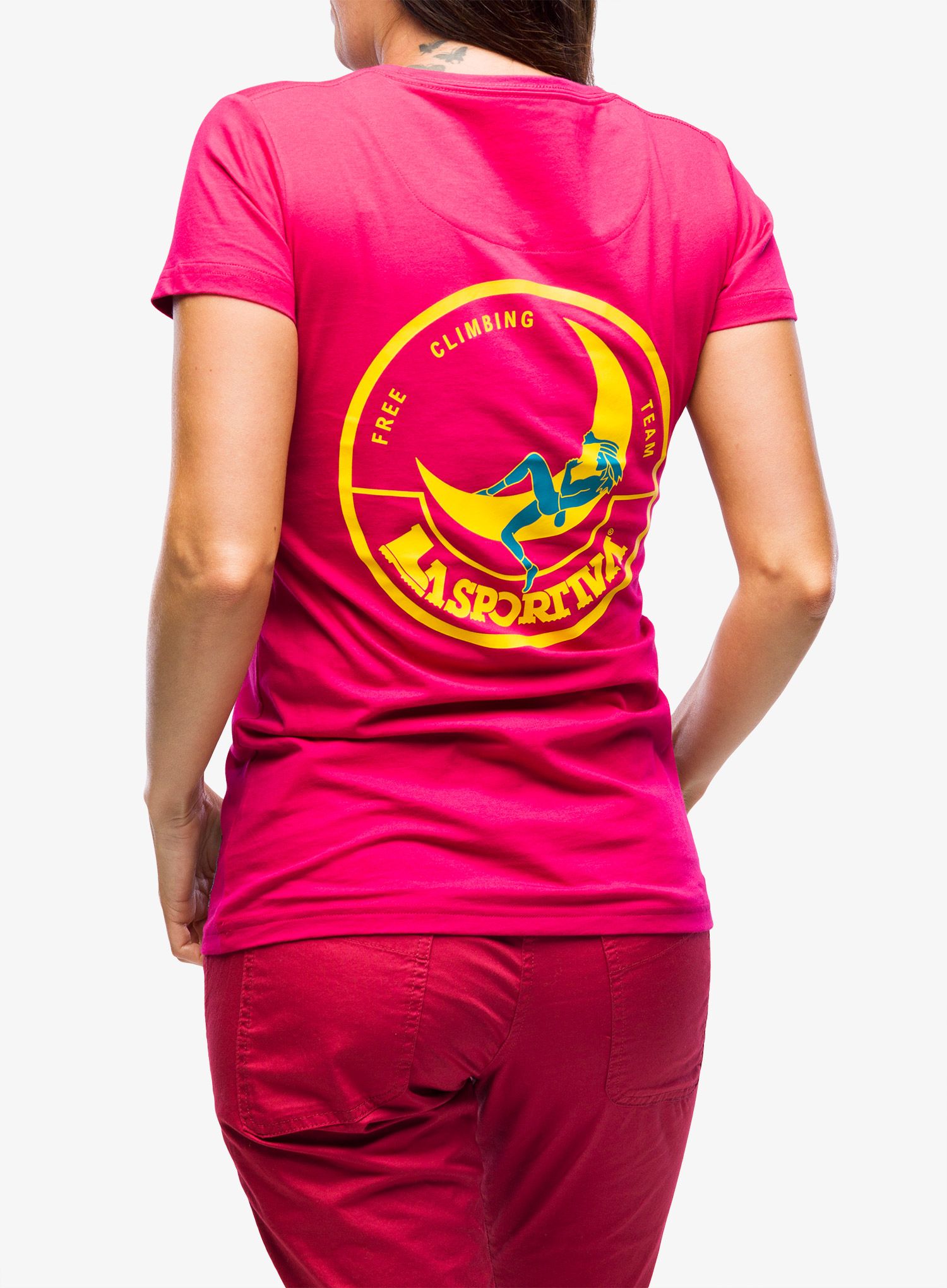 Bavlněné tričko dámské La Sportiva Climbing on the Moon T-Shirt - fucsia/giallo
