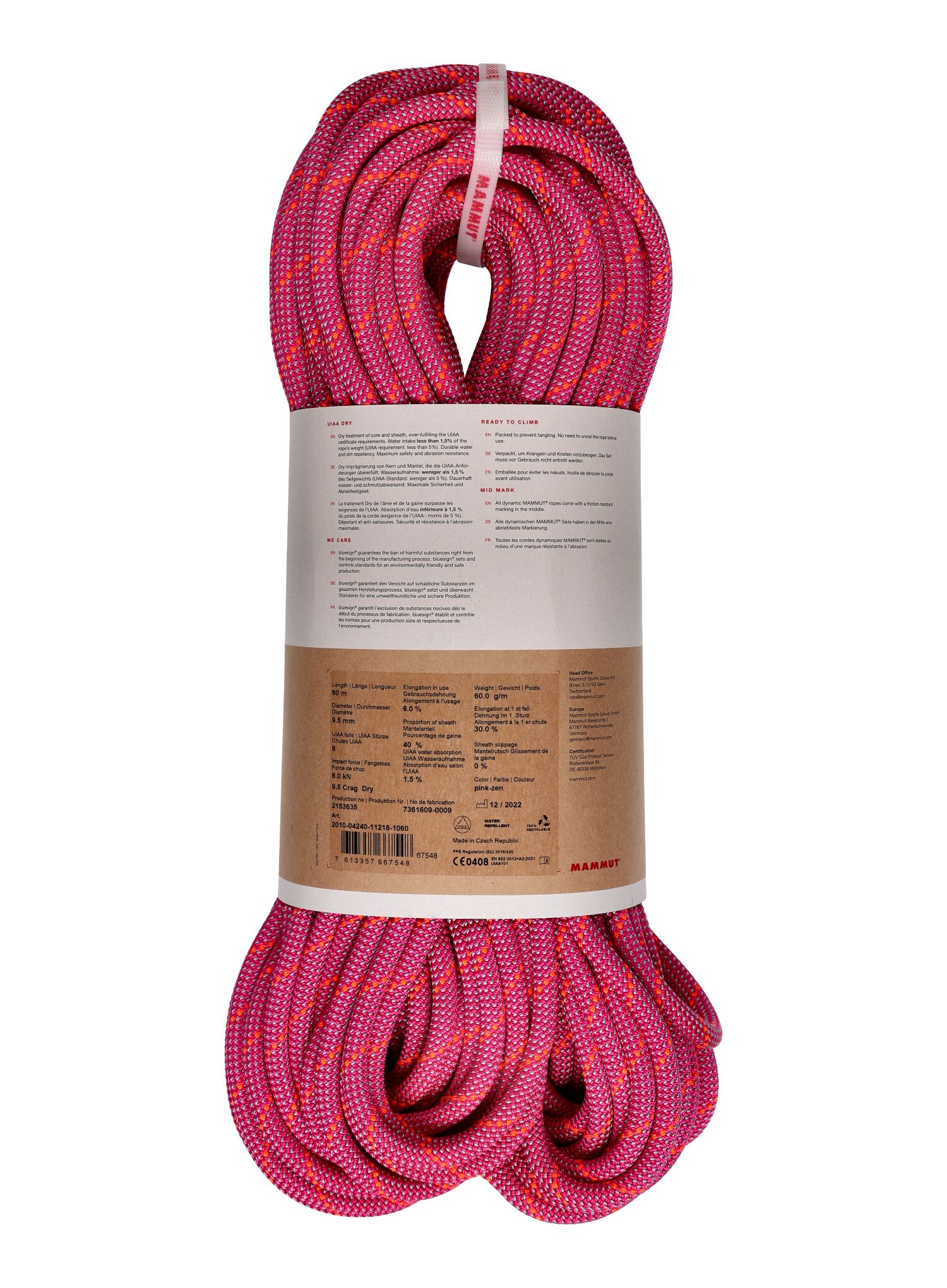Dynamické lano Mammut 9.5 Crag Dry Rope 60 m - pink/zen