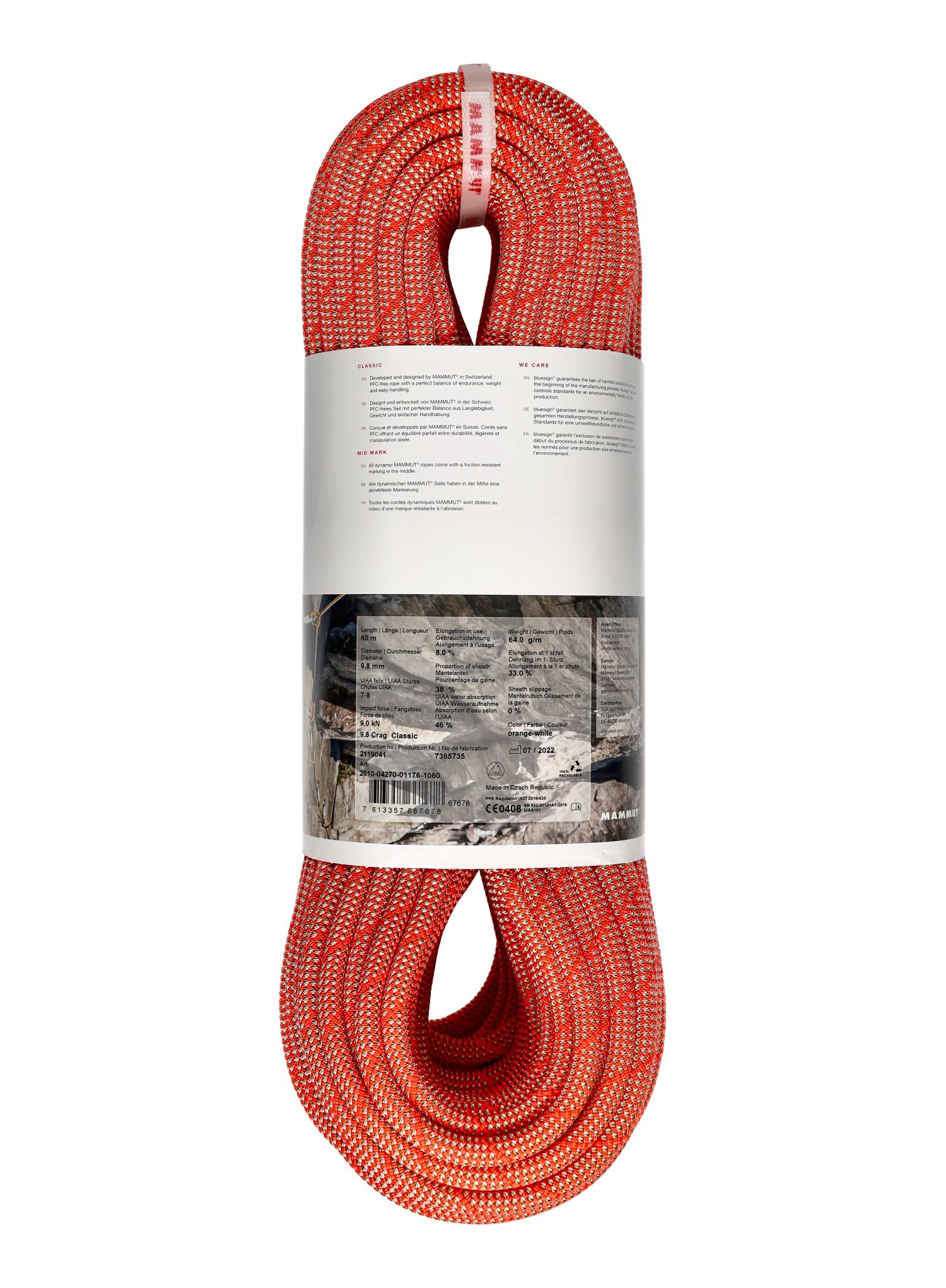 Dynamické lano Mammut 9.8 Crag Classic Rope 60 m - orange/white