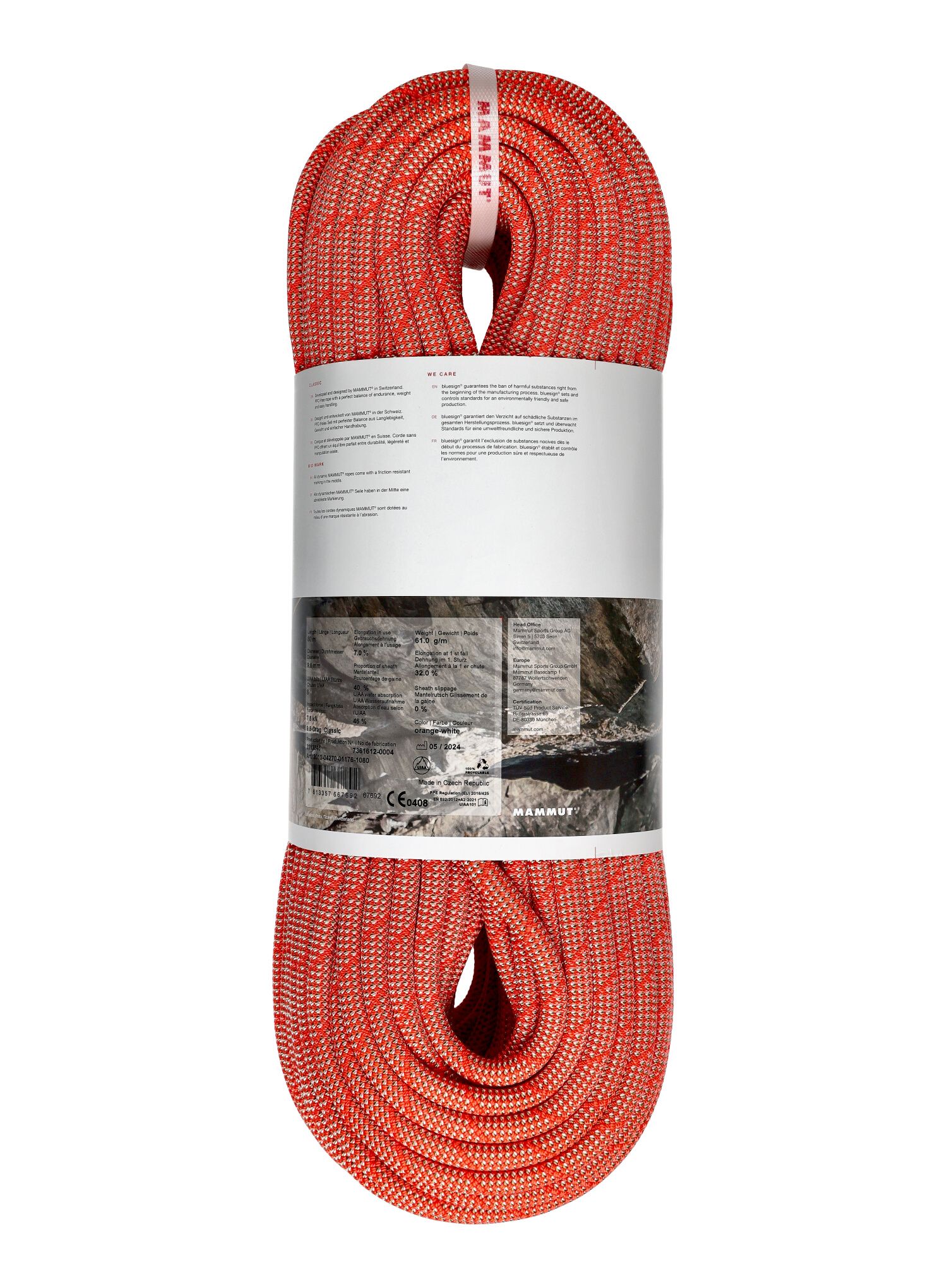 Dynamické lano Mammut 9.8 Crag Classic Rope 80 m - orange/white