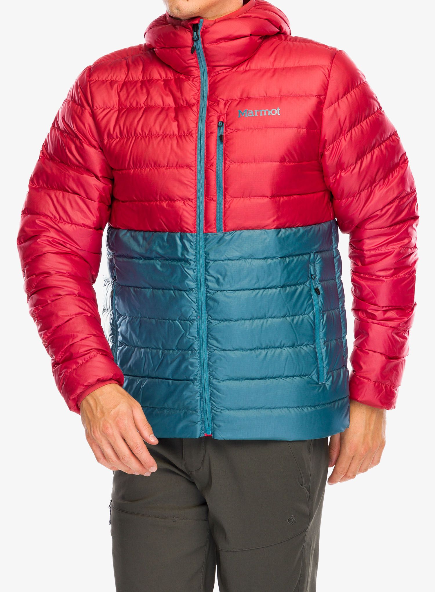 Péřová bunda Marmot Highlander Hoody - team red/moon river