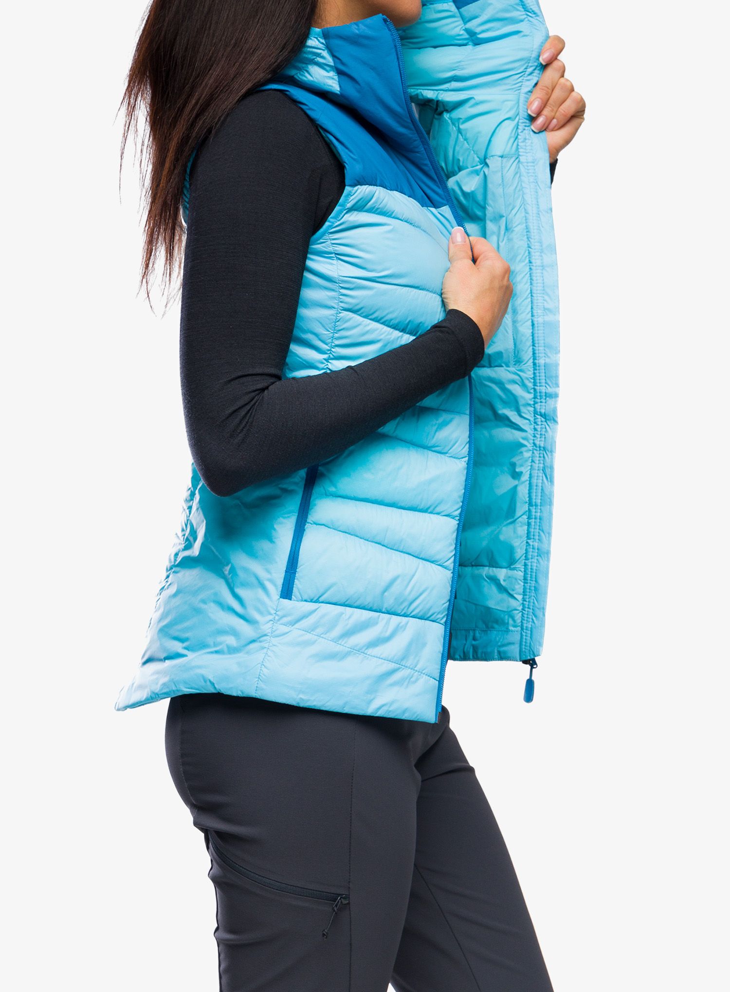 Péřová vesta dámská Norrona Falketind Down750 Vest - aquarius/mykonos blue