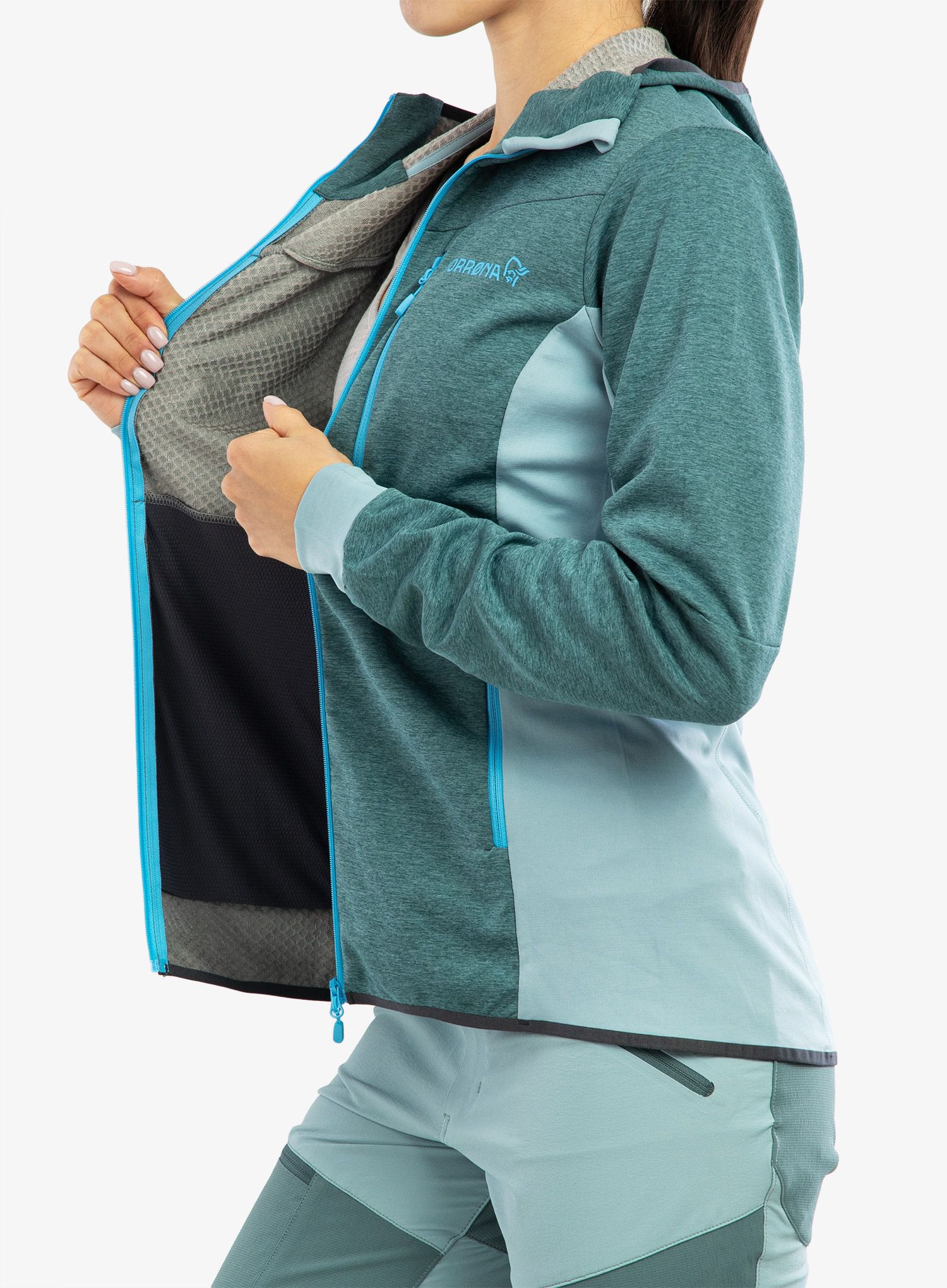 Fleecová mikina dámská Norrona Falketind Warm2 Octa Hood - atlantic/tourmaline