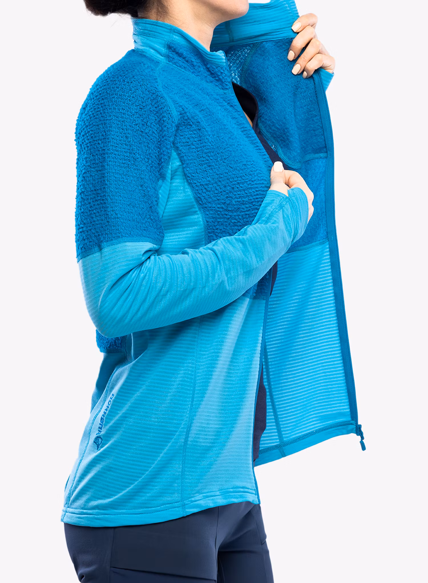 Fleece mikina dámská Norrona Lyngen Alpha90 Jacket – aquarius/hawaiian