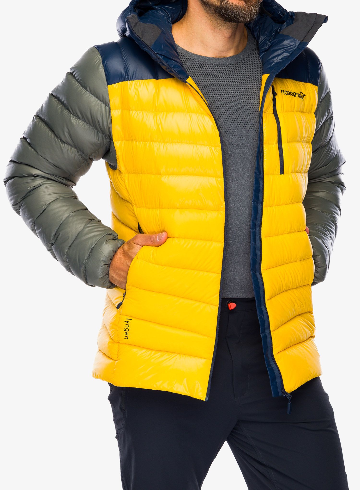 Péřová bunda pánská Norrona Lyngen Down850 Hood – indigo/lemon