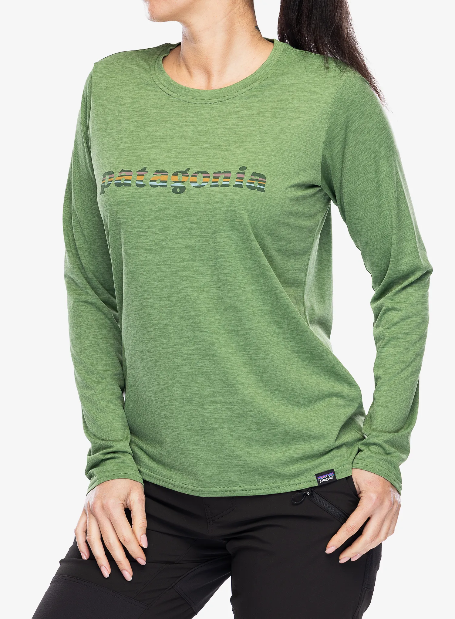 Dámská mikina Patagonia L/S Capilene Cool Daily Graphic Shirt - 73 text logo nouveau green