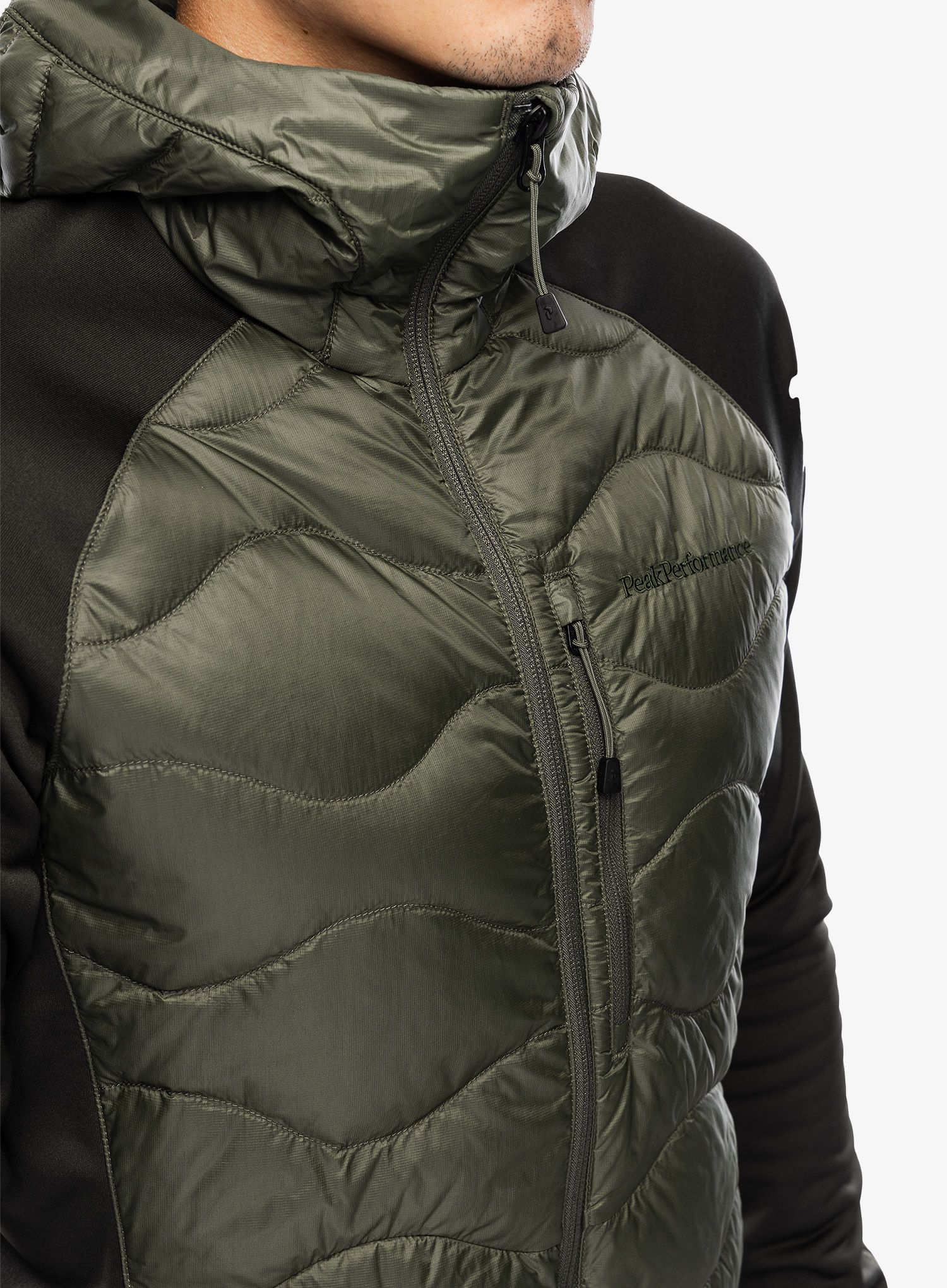 Hybridní bunda Peak Performance Helium Down Hybrid Hood - olive extreme