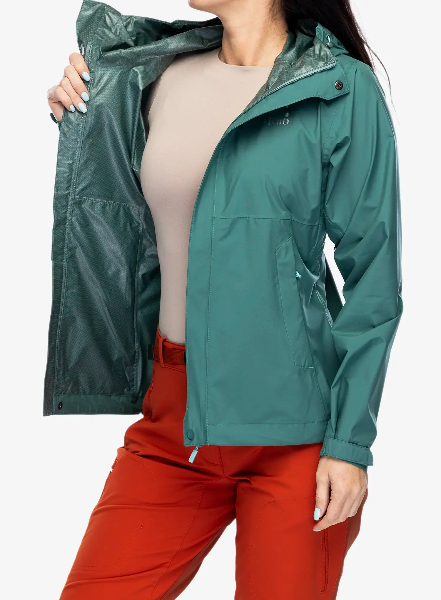Dámská bunda do deště Rab Downpour Eco Jacket - eucalyptus