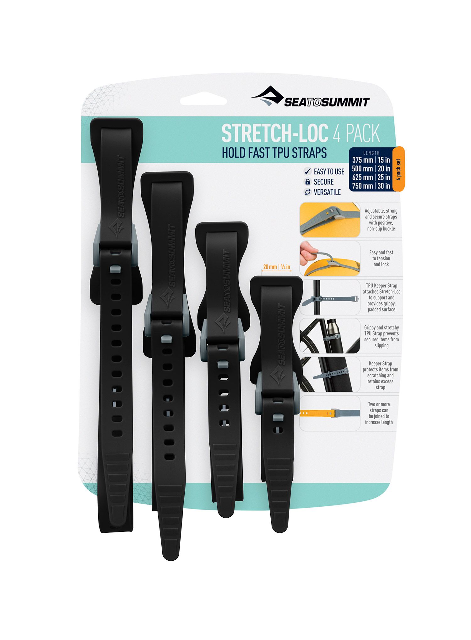 Popruhy Sea To Summit Stretch-Loc Set - All Sizes 20 mm 4 Pack - black