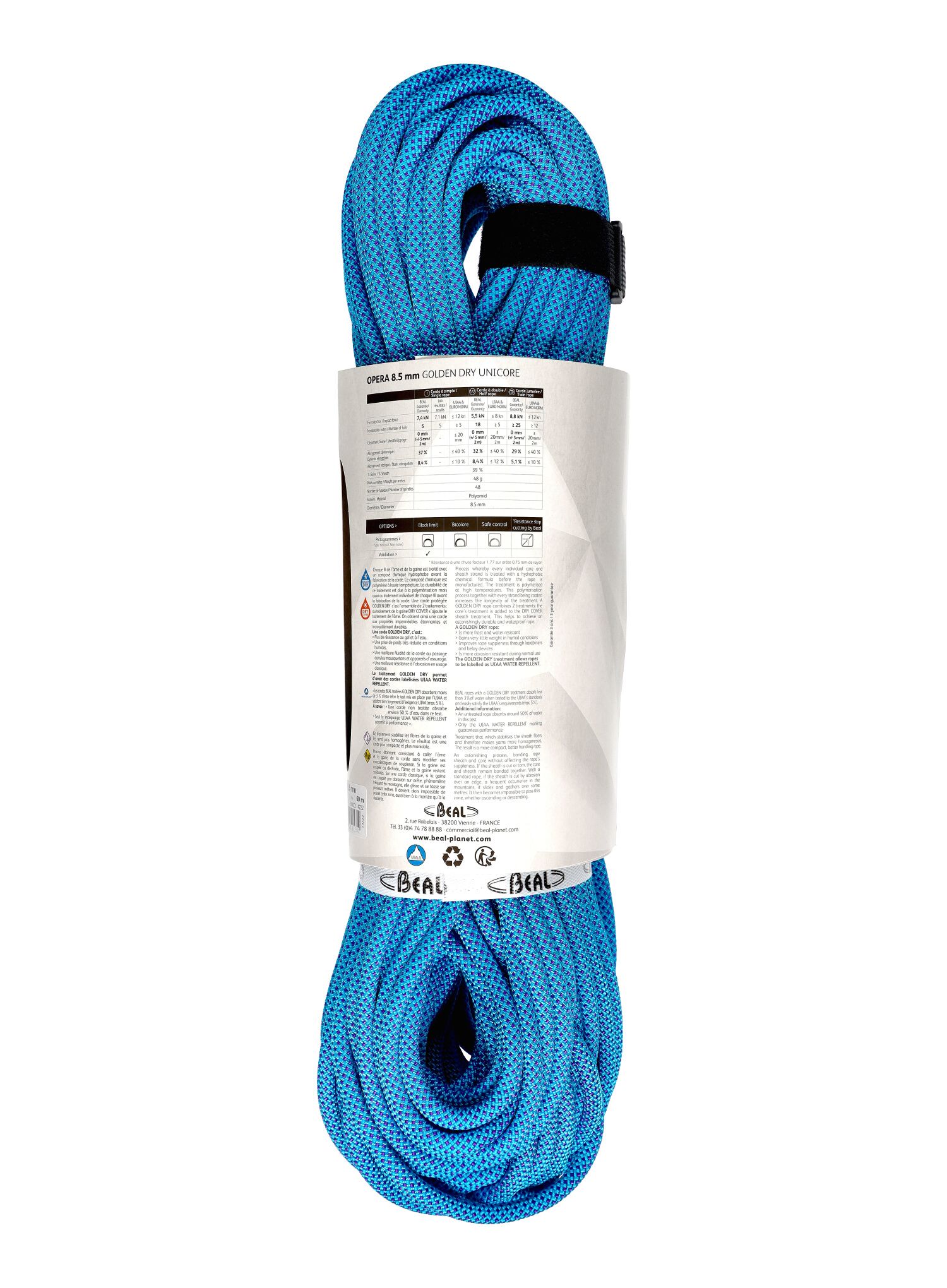 Dynamické lano Beal Opera 8,5 mm 60 m Unicore Golden Dry - blue
