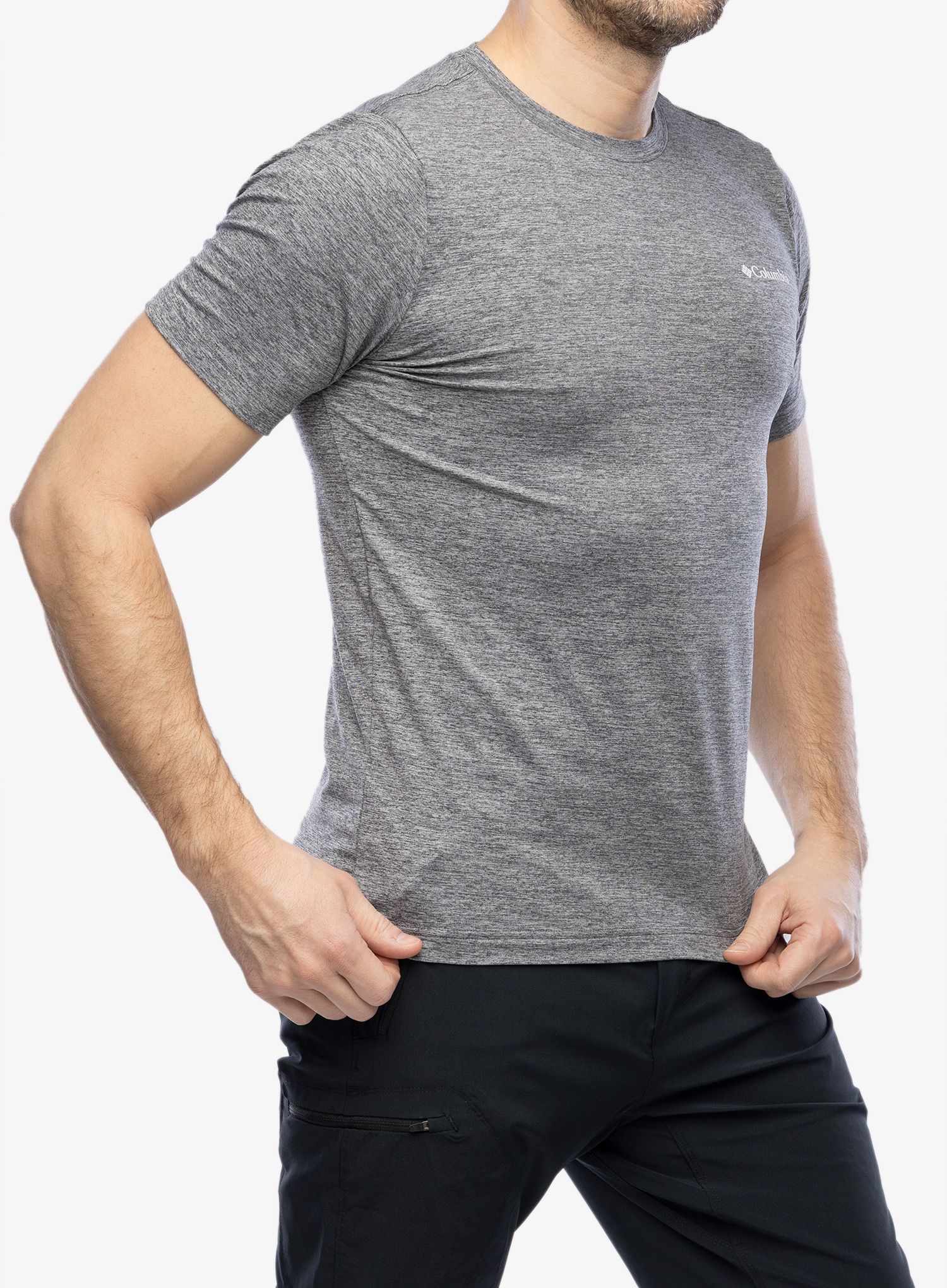 Tričko s potiskem Columbia Kwick Hike Back Graphic S/S Tee - black heather/moonscape