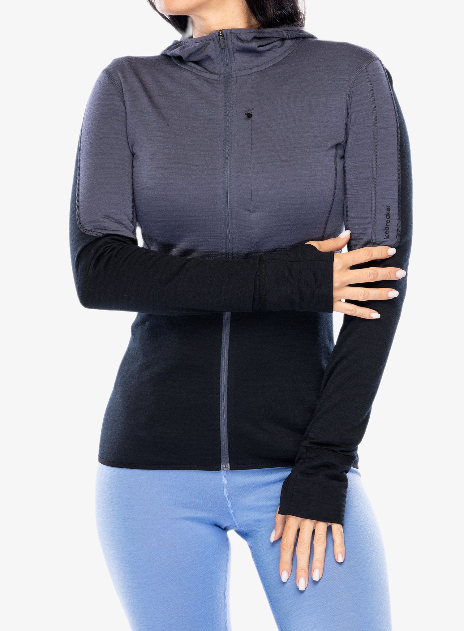 Dámská mikina s kapucí Icebreaker Merino 200 Realfleece Descender LS Zip Hoodie - graphite/black/cb