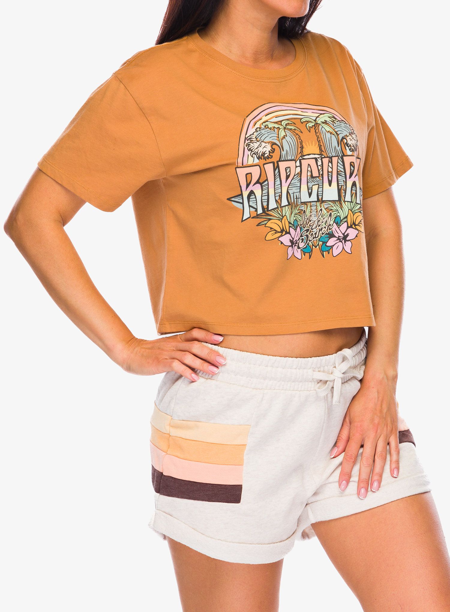 Bavlněné tričko dámské Rip Curl Block Party Crop Tee - light brown