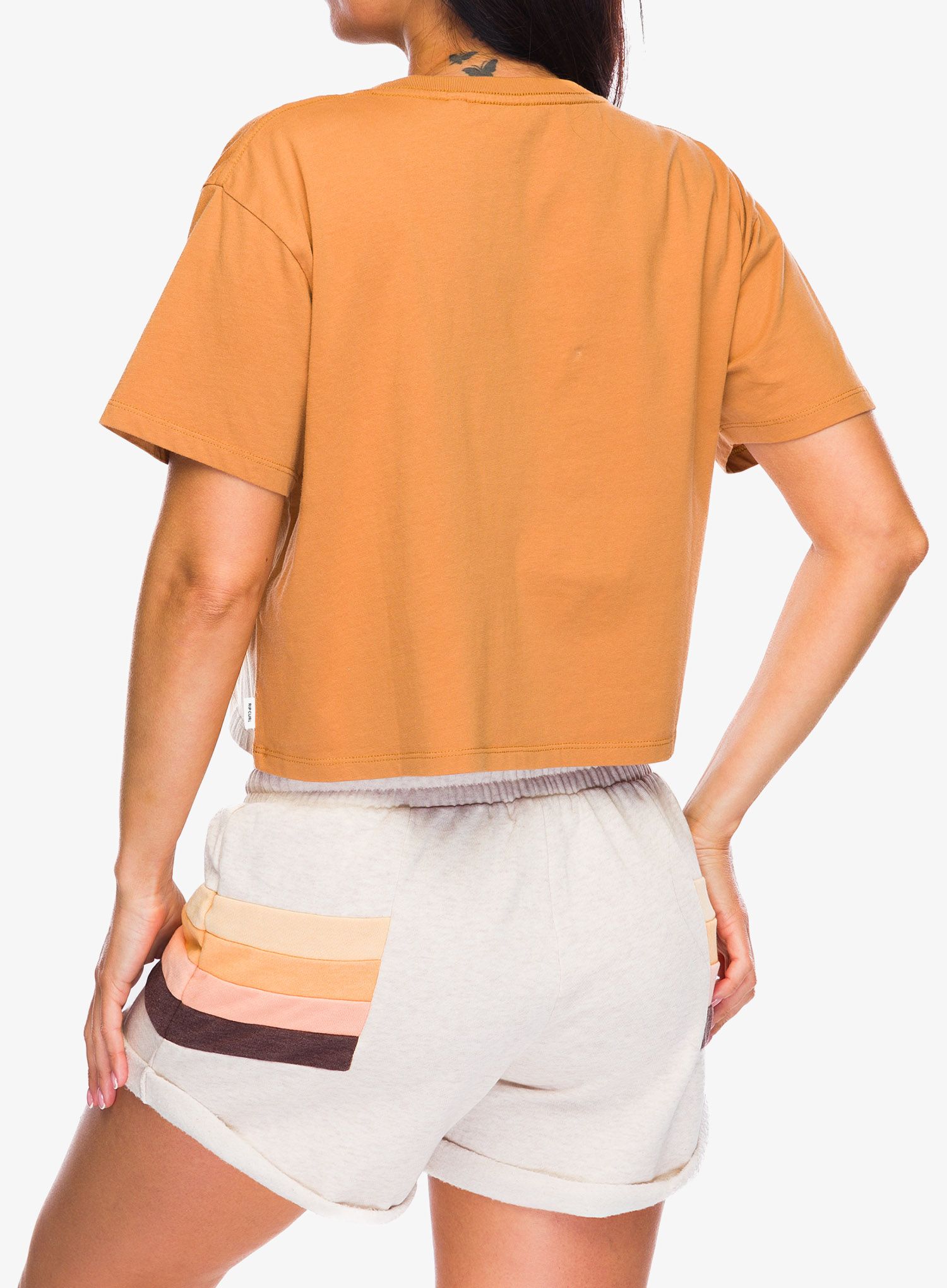 Bavlněné tričko dámské Rip Curl Block Party Crop Tee - light brown
