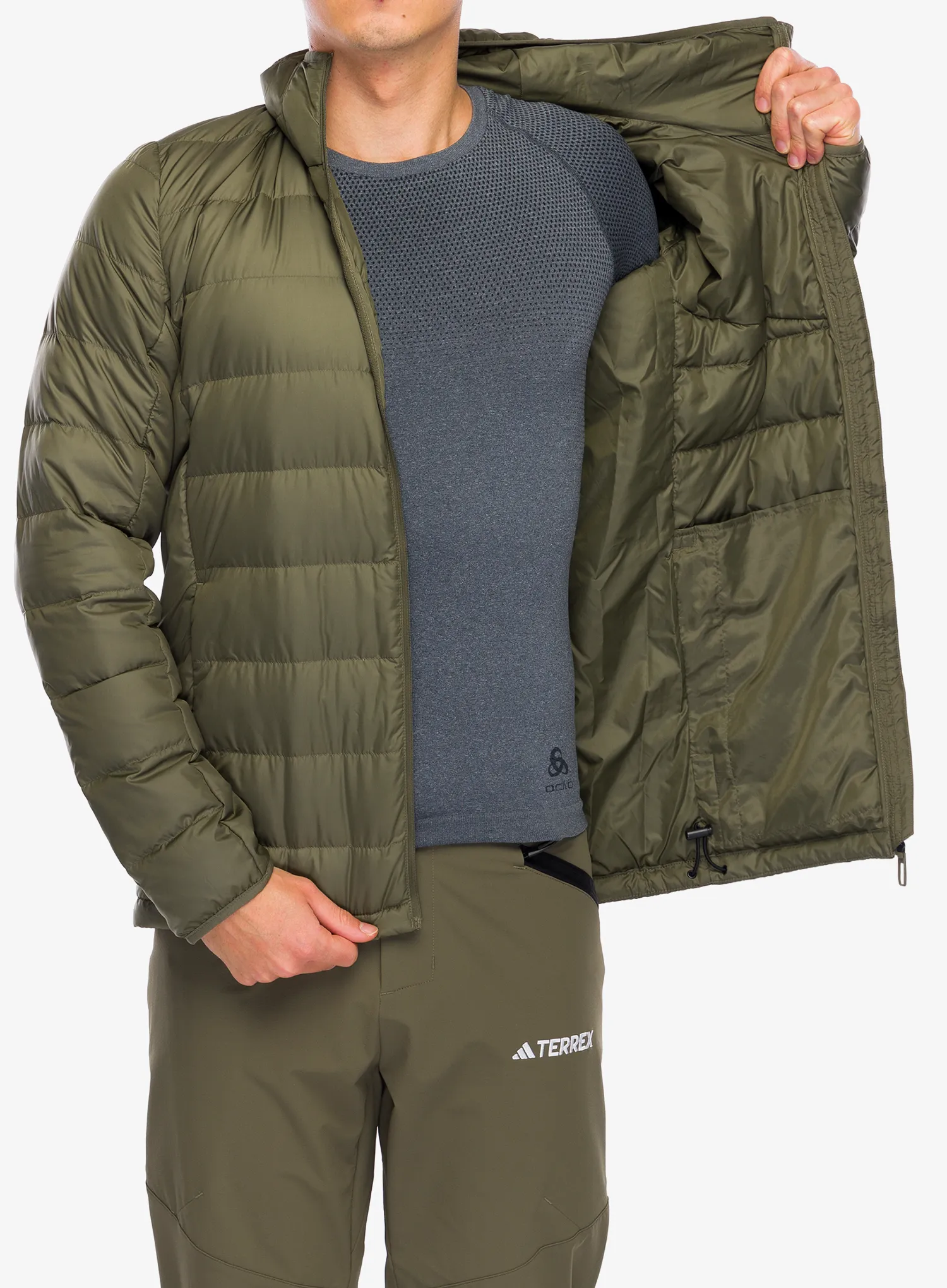 Péřová bunda adidas TERREX Multi Light Down Hooded Jacket - olive strata