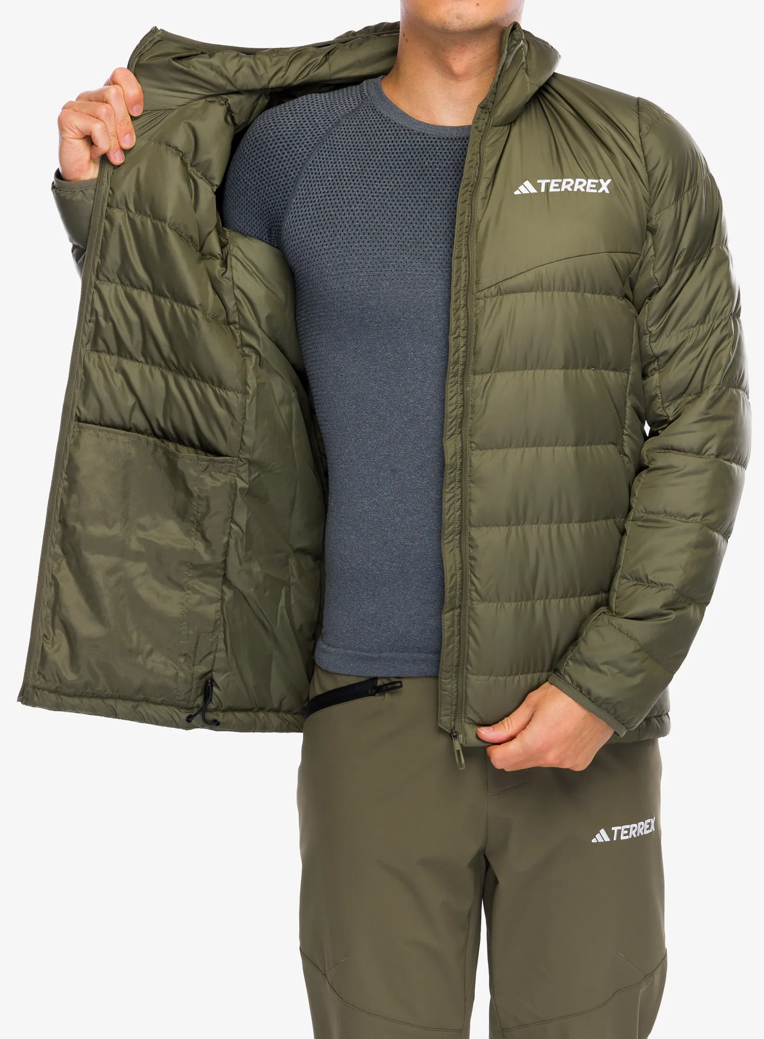 Péřová bunda adidas TERREX Multi Light Down Hooded Jacket - olive strata