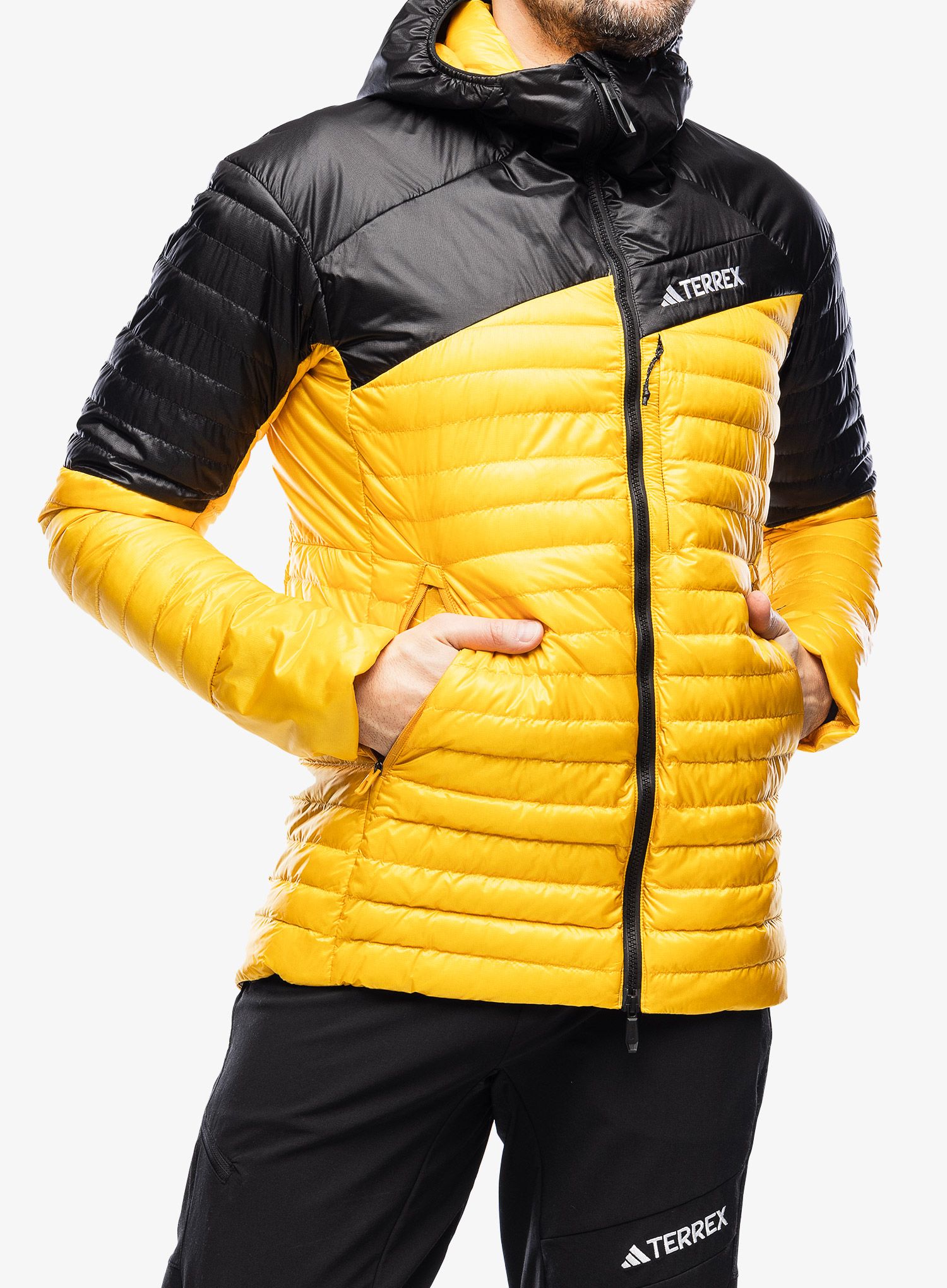 Péřová bunda pánská adidas TERREX Techrock Down Hooded Jacket - preyel/black