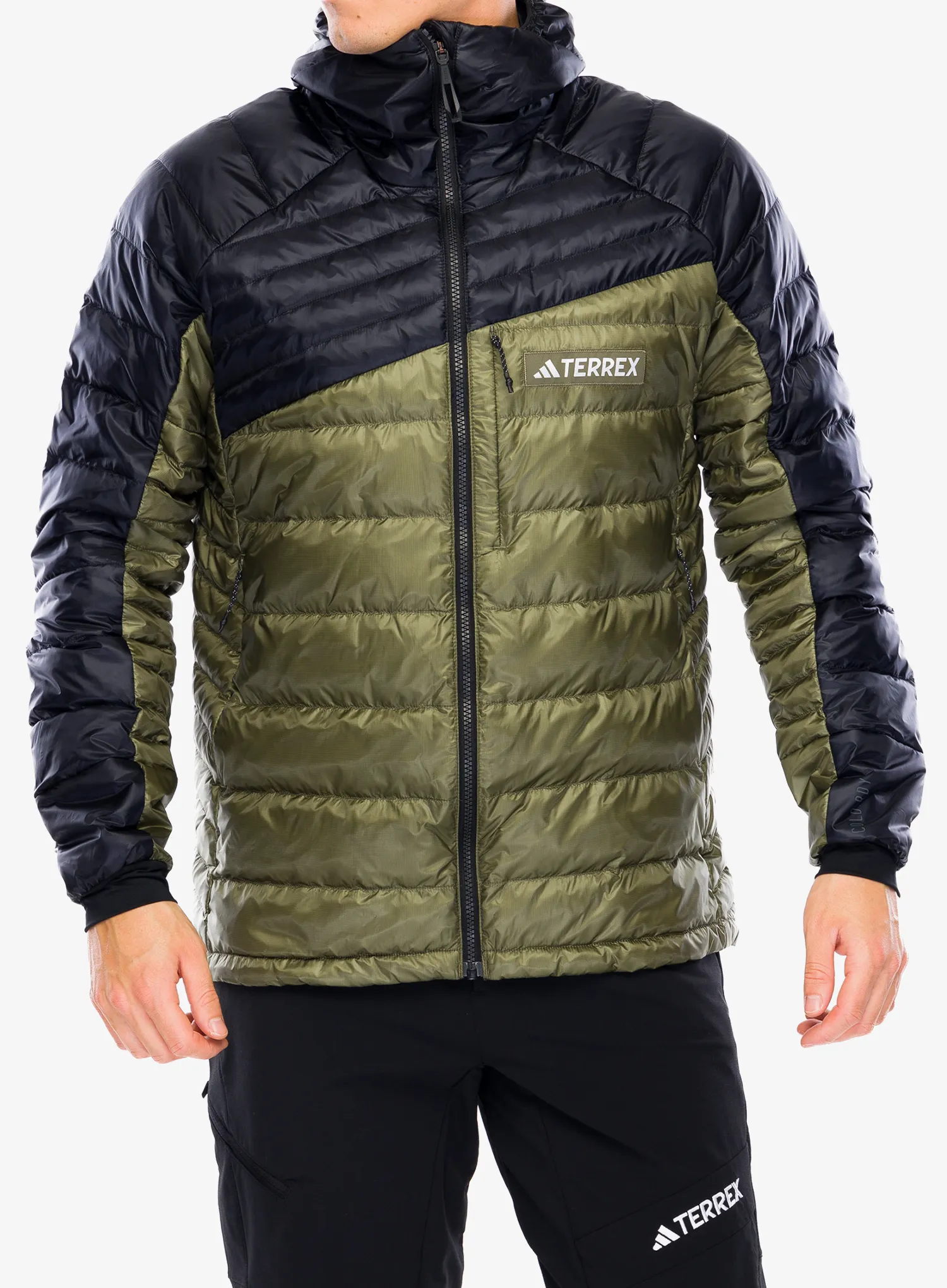 Péřová bunda adidas TERREX Xperior COLD.RDY Down Hooded Jkt - olive strata/black