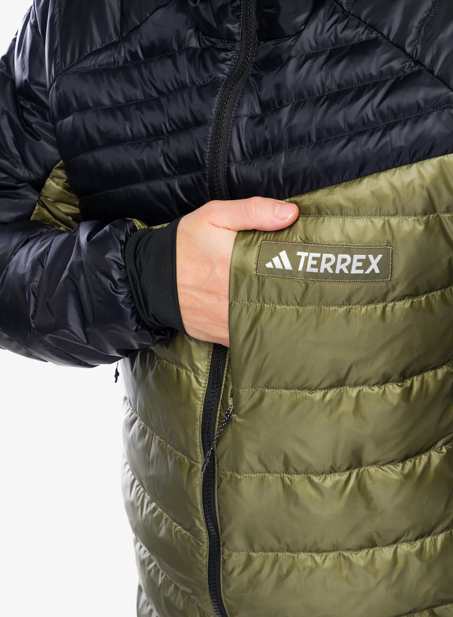Péřová bunda adidas TERREX Xperior COLD.RDY Down Hooded Jkt - olive strata/black