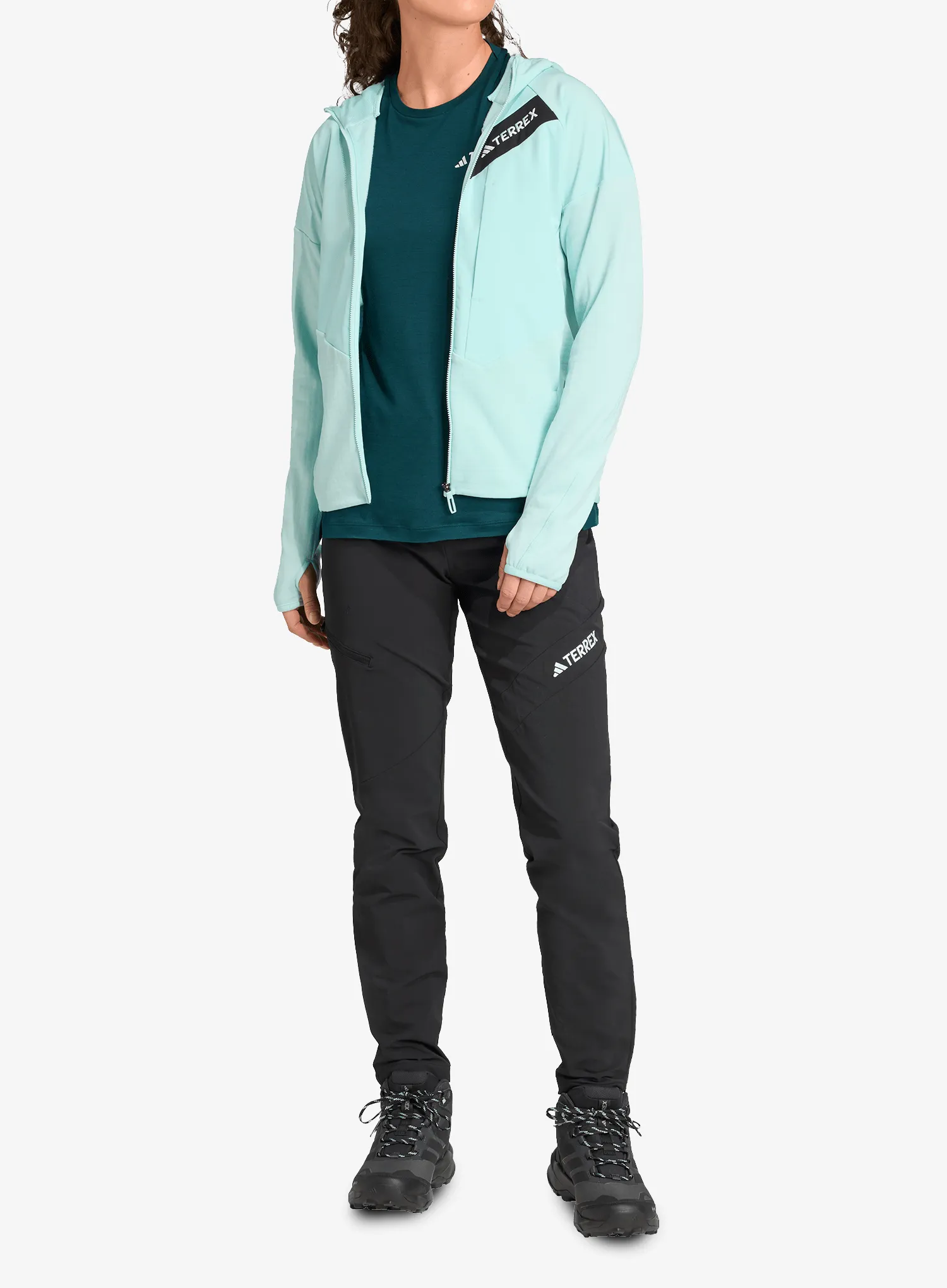 Dámská mikina adidas TERREX Techrock CLIMAWARM+ Wind Hooded Fleece Jacket - semi flash aqua