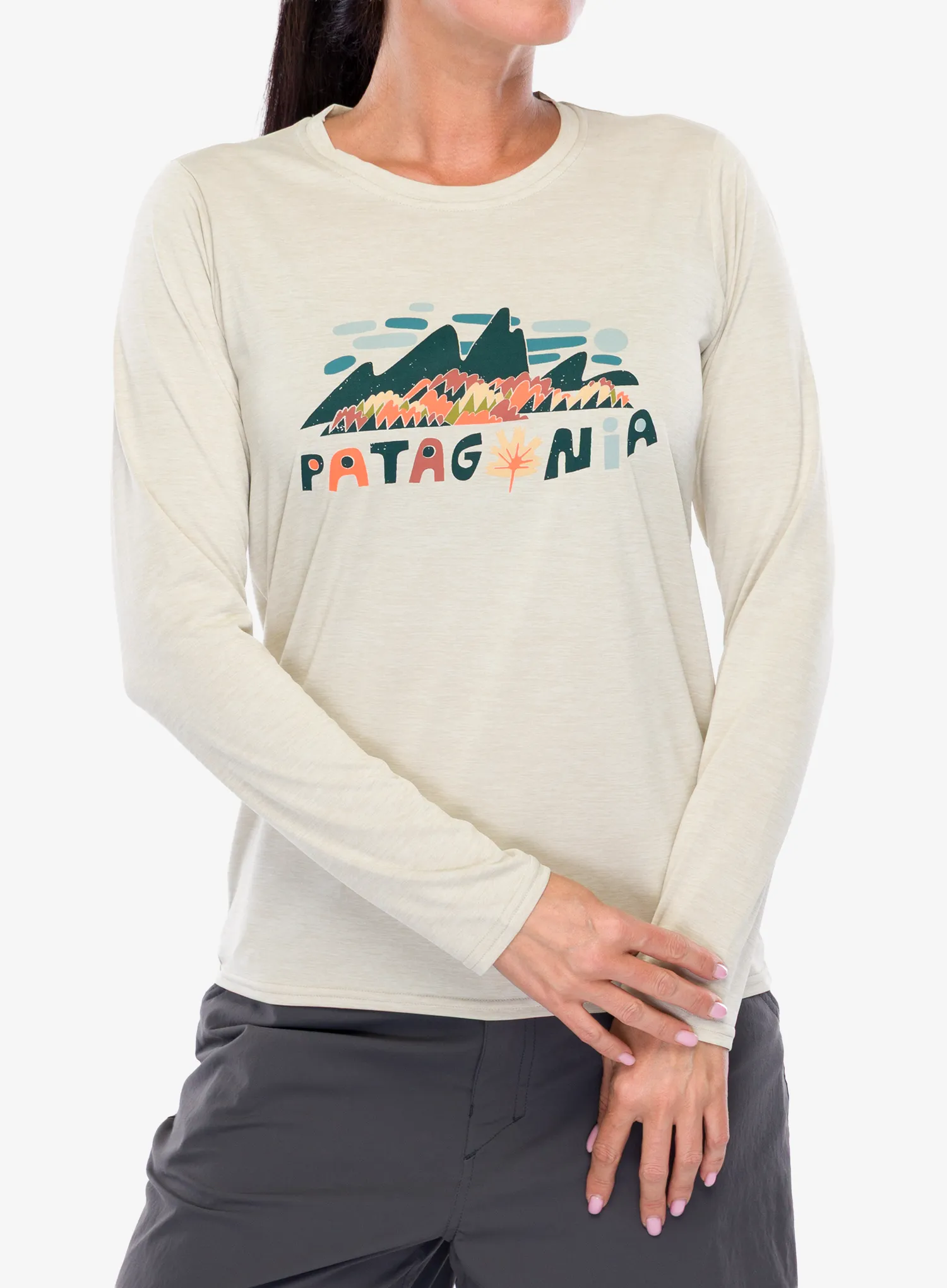 Dámská mikina bez kapuce Patagonia L/S Capilene Cool Daily Graphic Shirt - fitz roy foliage/pumice x-dye