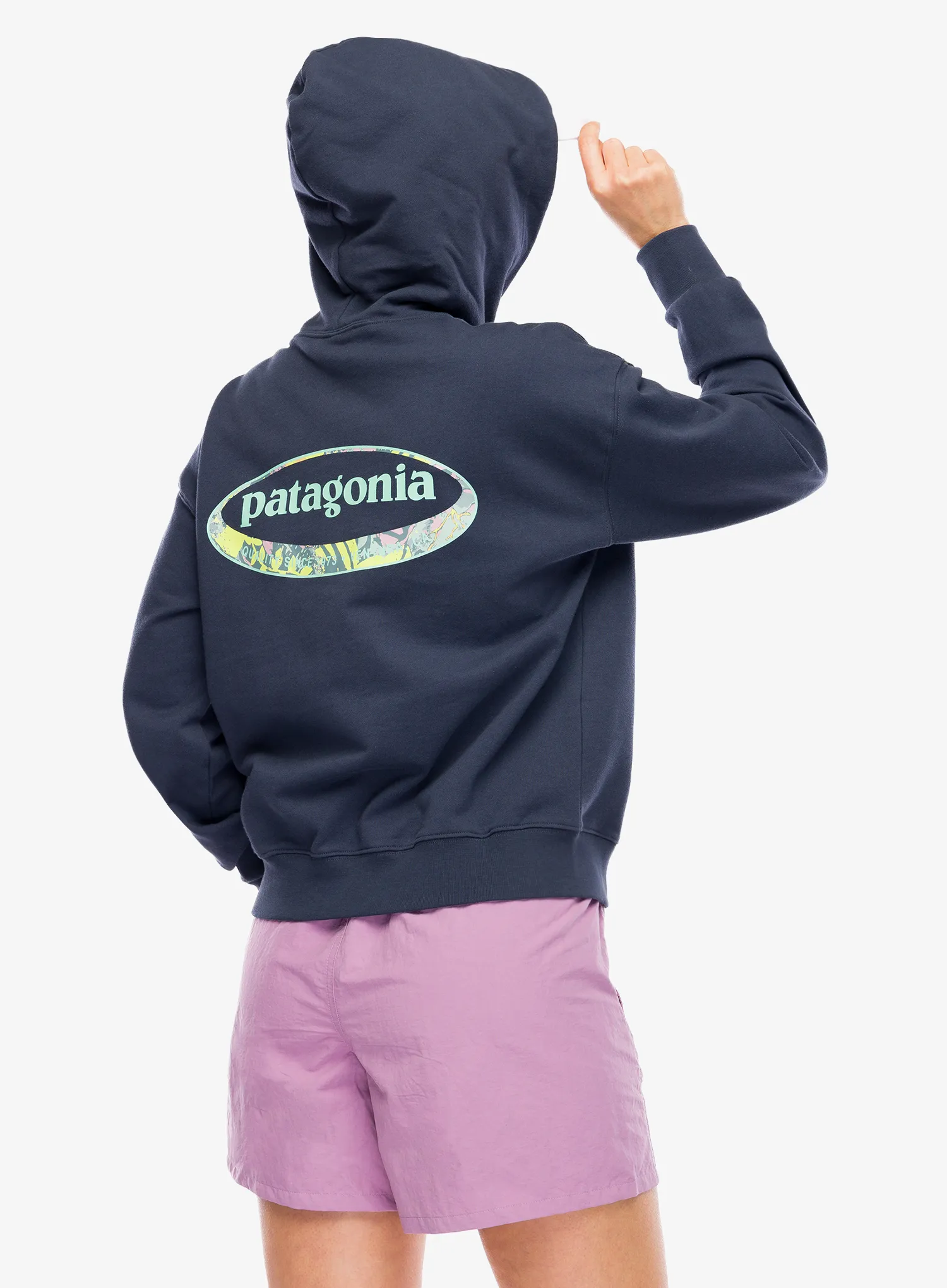Dámská mikina s kapucí Patagonia 95 Oval Logo Daily Hoody - smolder blue: moon tripper