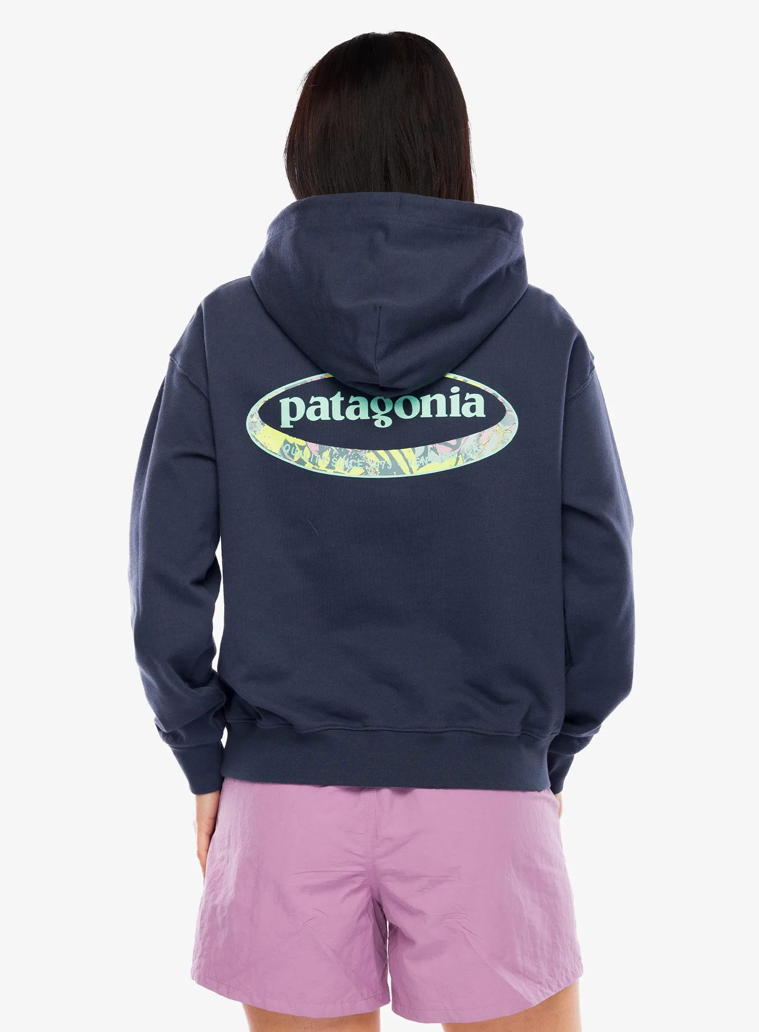 Dámská mikina s kapucí Patagonia 95 Oval Logo Daily Hoody - smolder blue: moon tripper