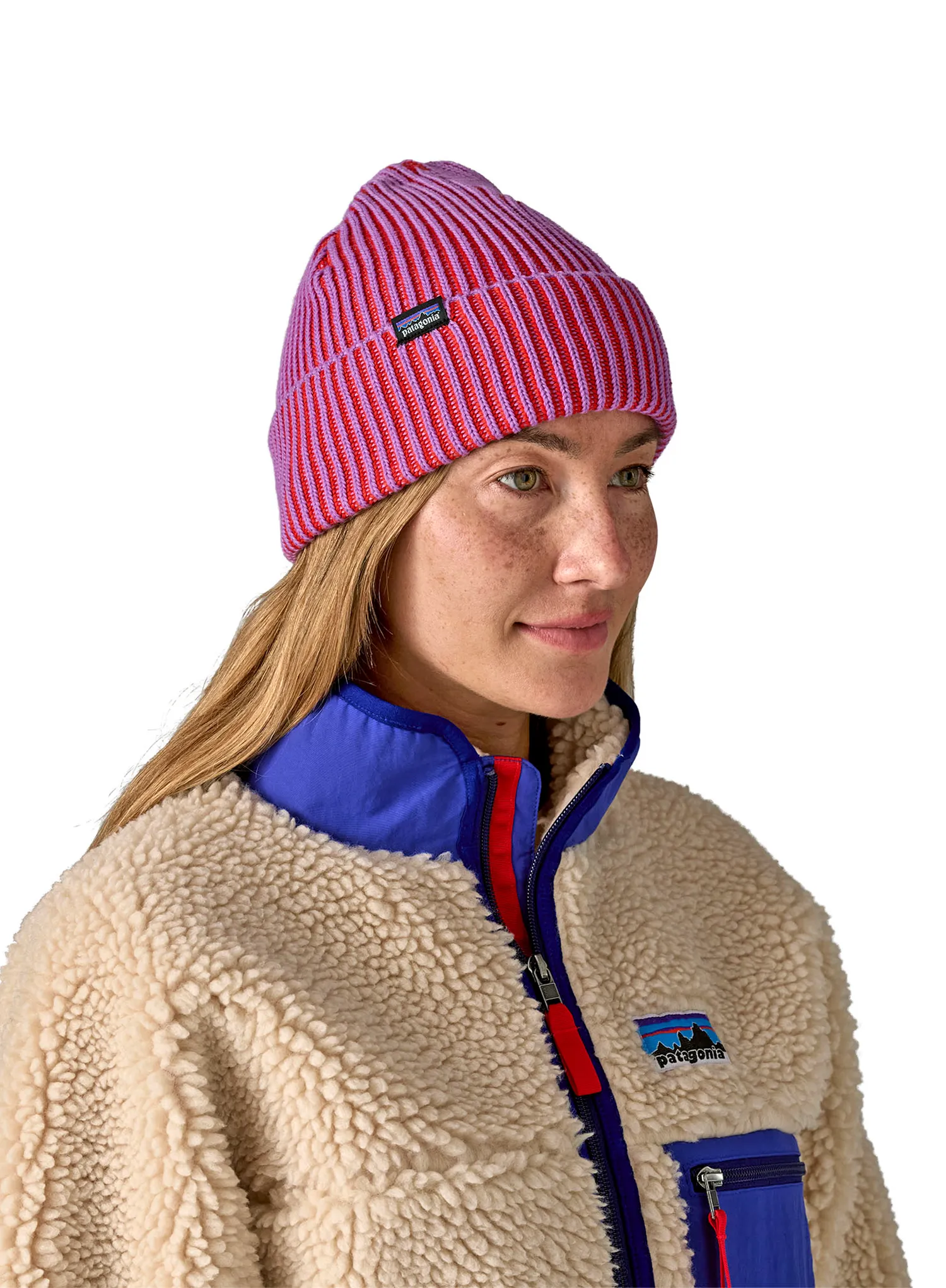 Zimní čepice Patagonia Fishermans Rolled Beanie - contrast stripe/brisk purple